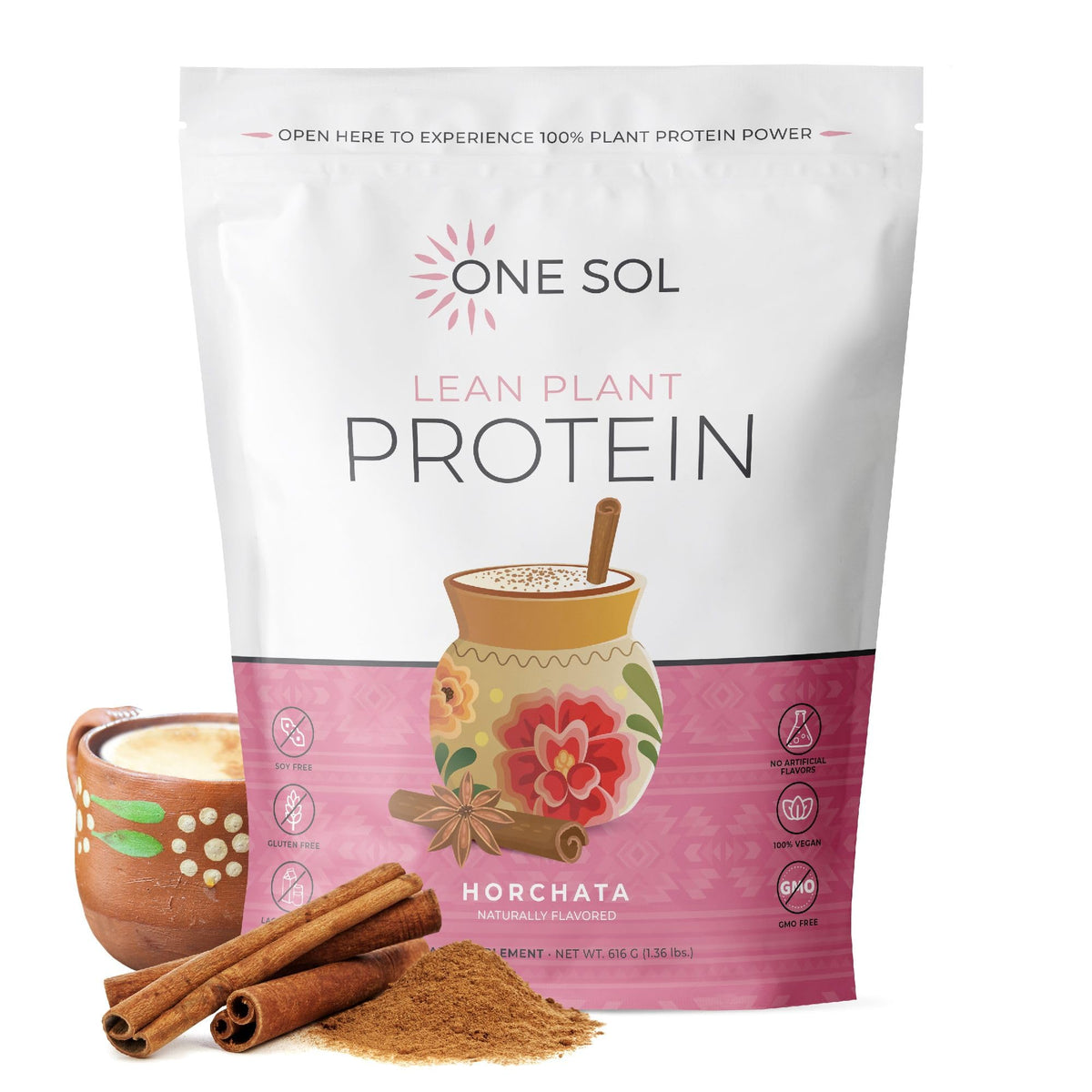 One Sol envase frontal horchata mostrando etiqueta y beneficios