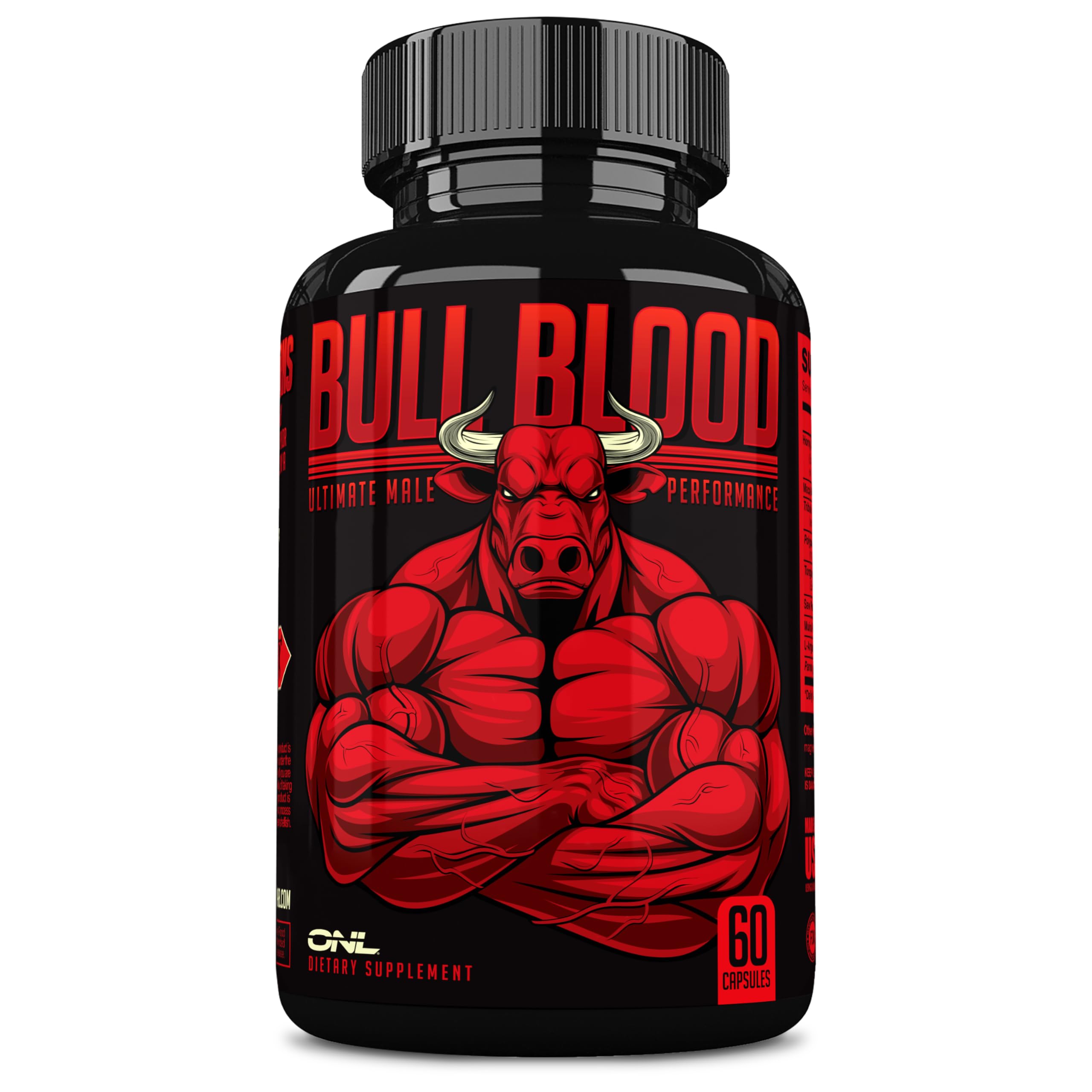 ONL Bull Blood frontal del envase mostrando diseño y cantidad 60 ct, efecto confianza
