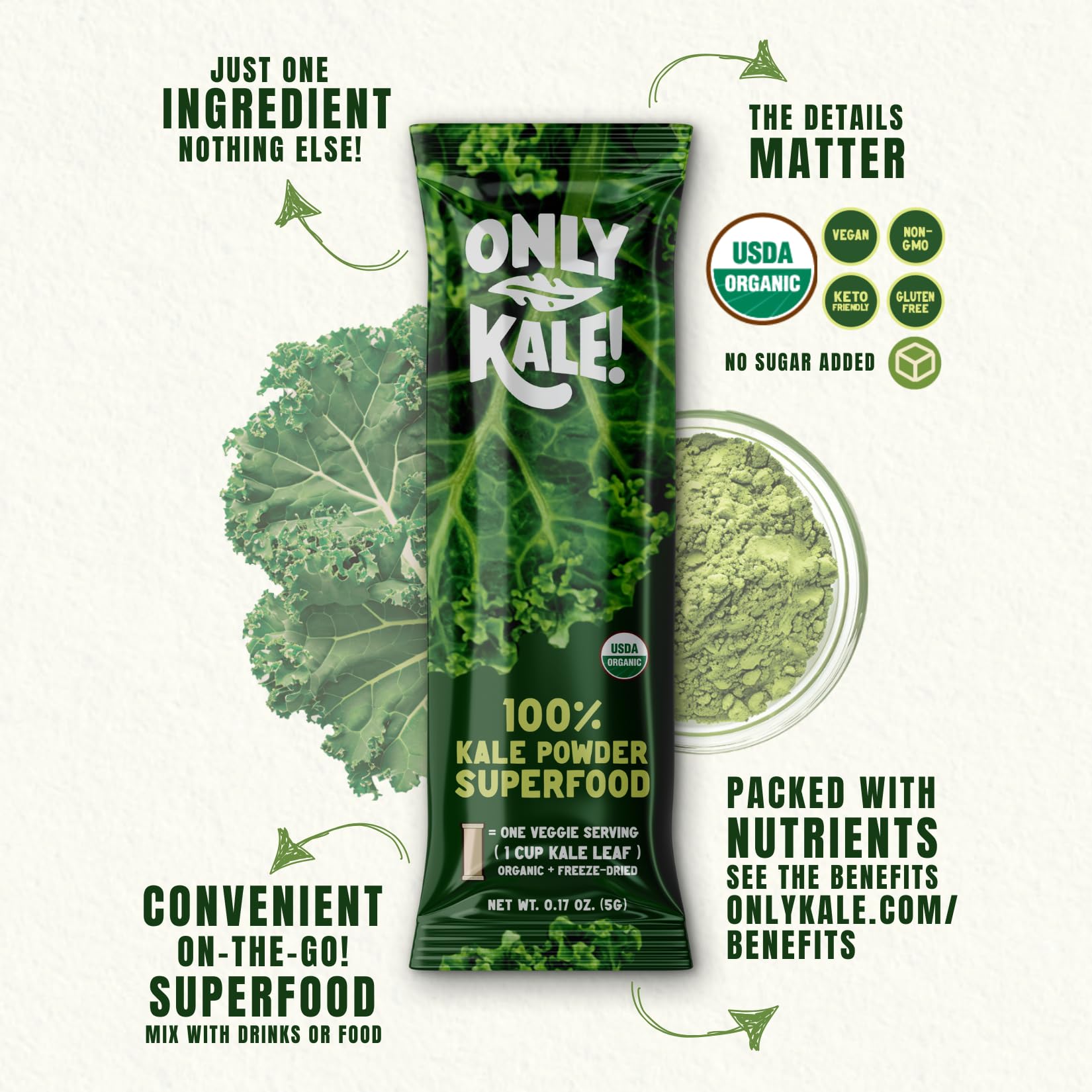 OnlyKale textura de polvo fino mostrando pureza y mezcla fácil