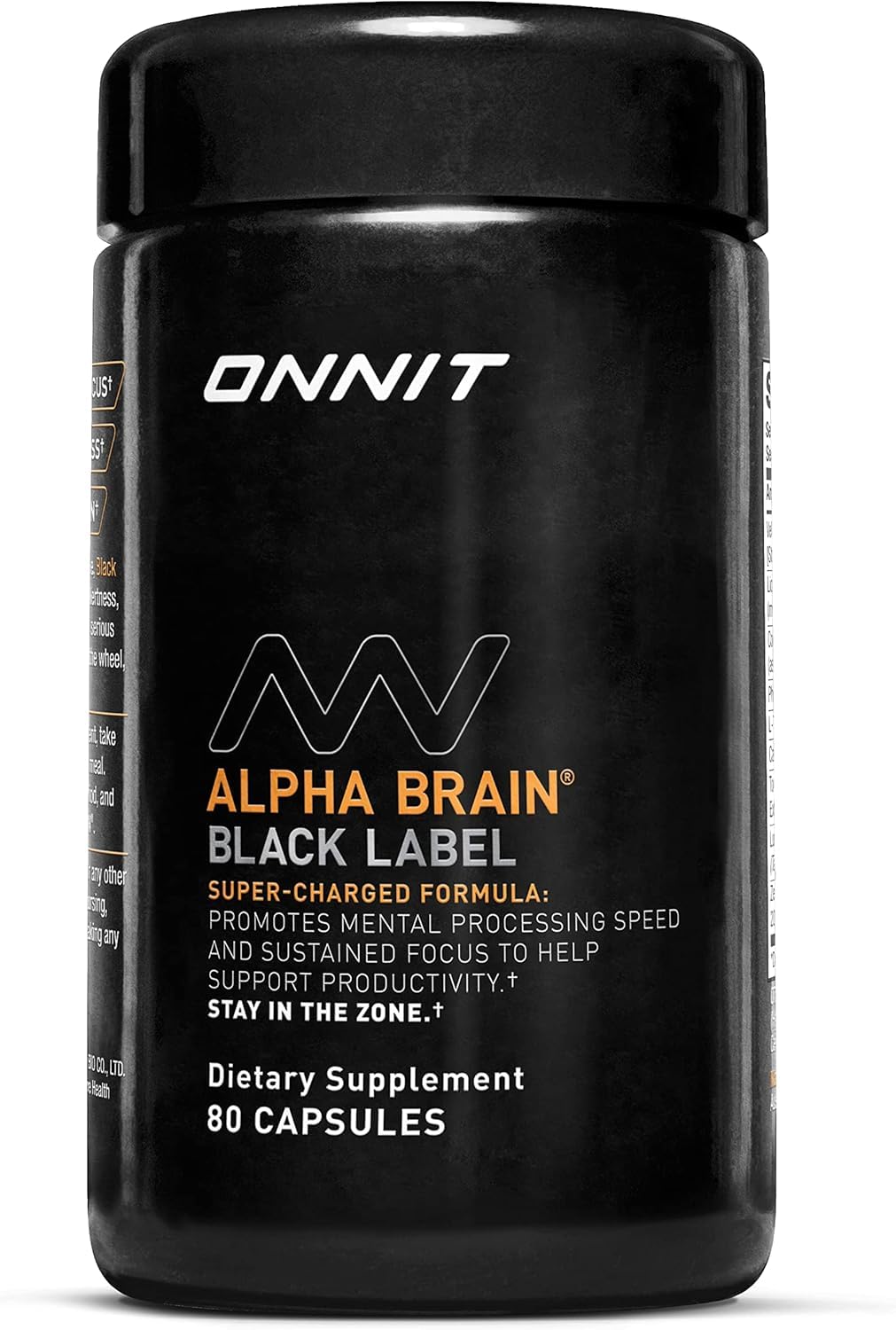 ONNIT Alpha BRAIN Black Label frente del envase, imagen clara para identificación rápida