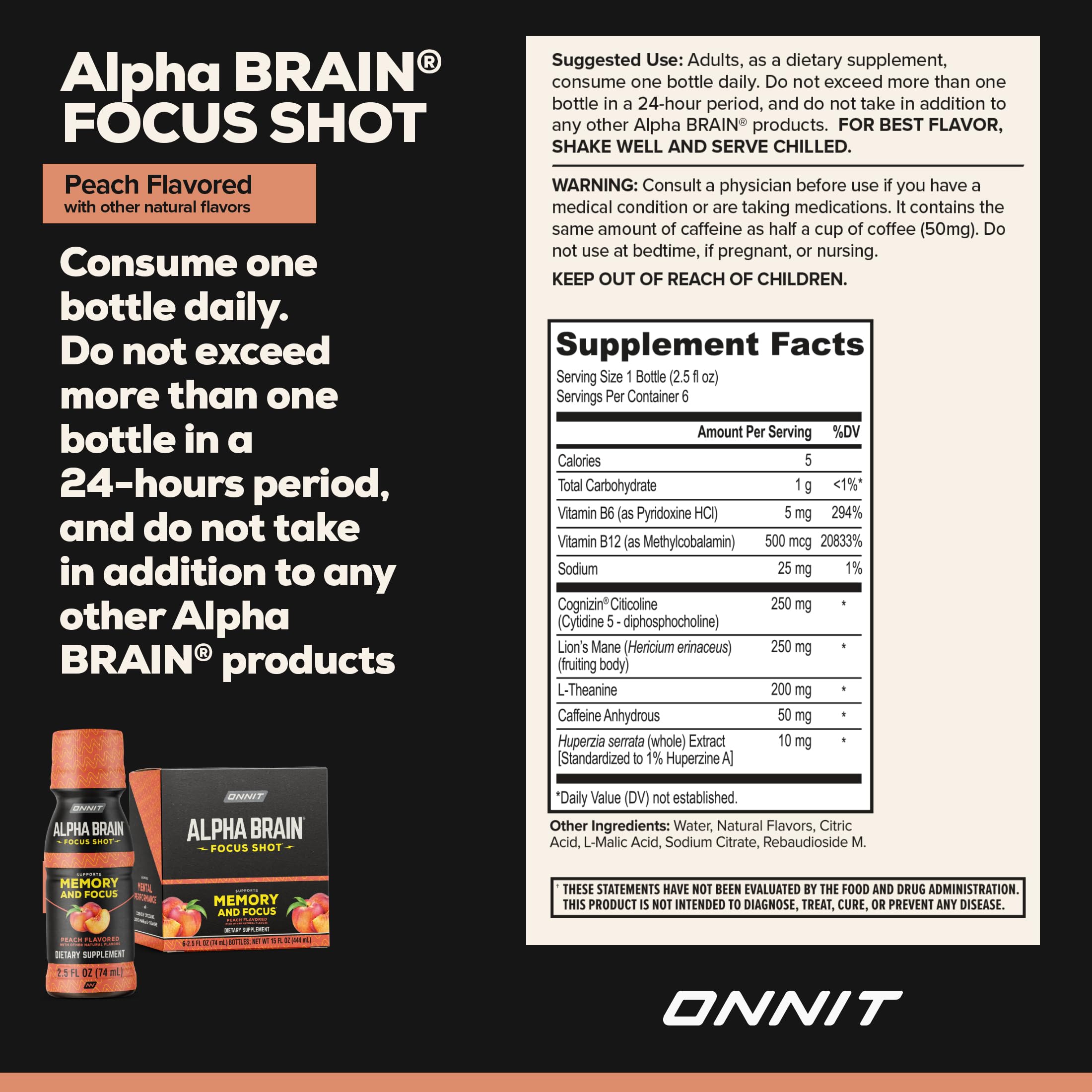 ONNIT Alpha BRAIN enfoque shot en mano listo para beber y transportar