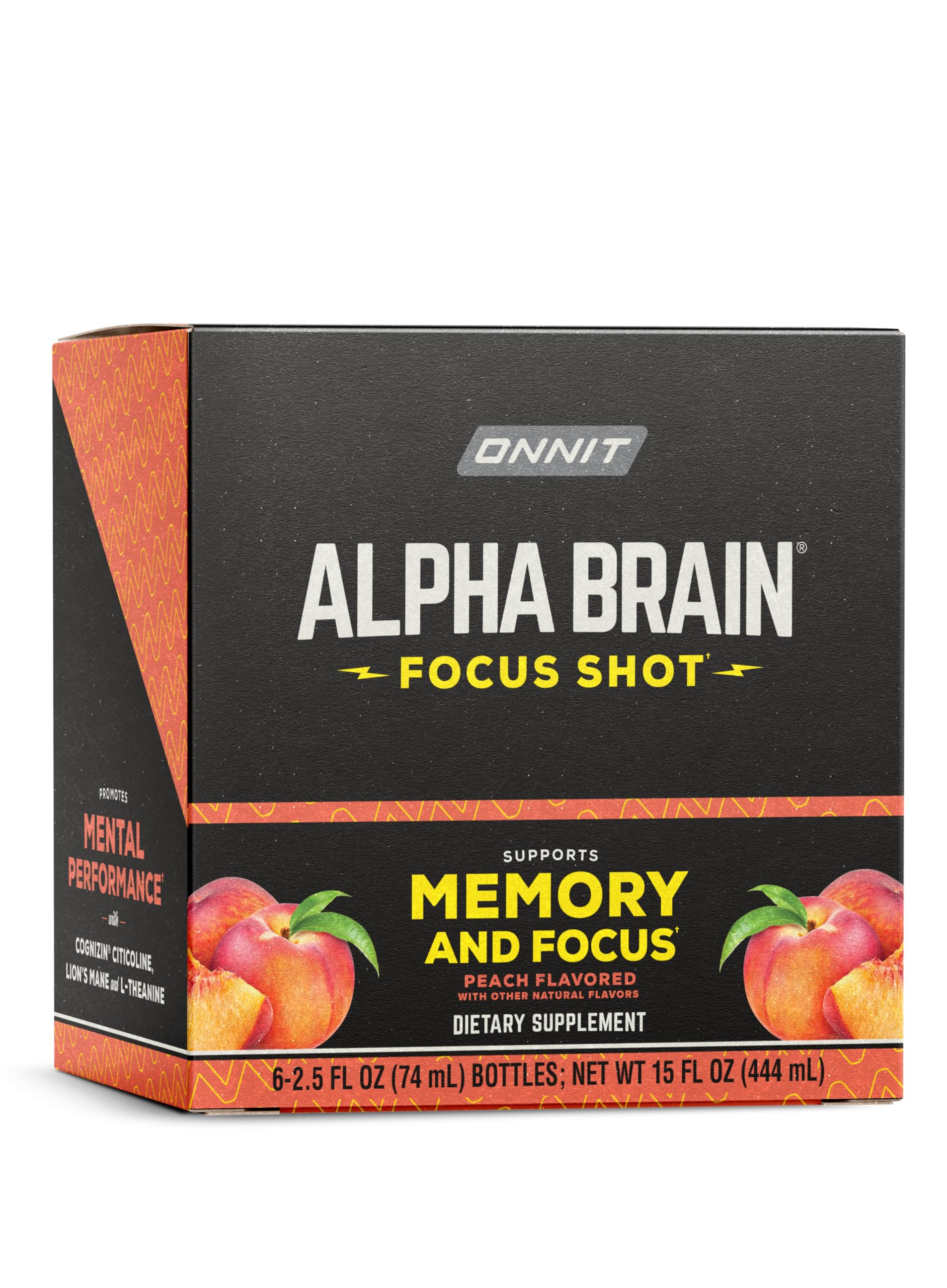 ONNIT Alpha BRAIN enfoque shot etiqueta con certificación IGENTM visible