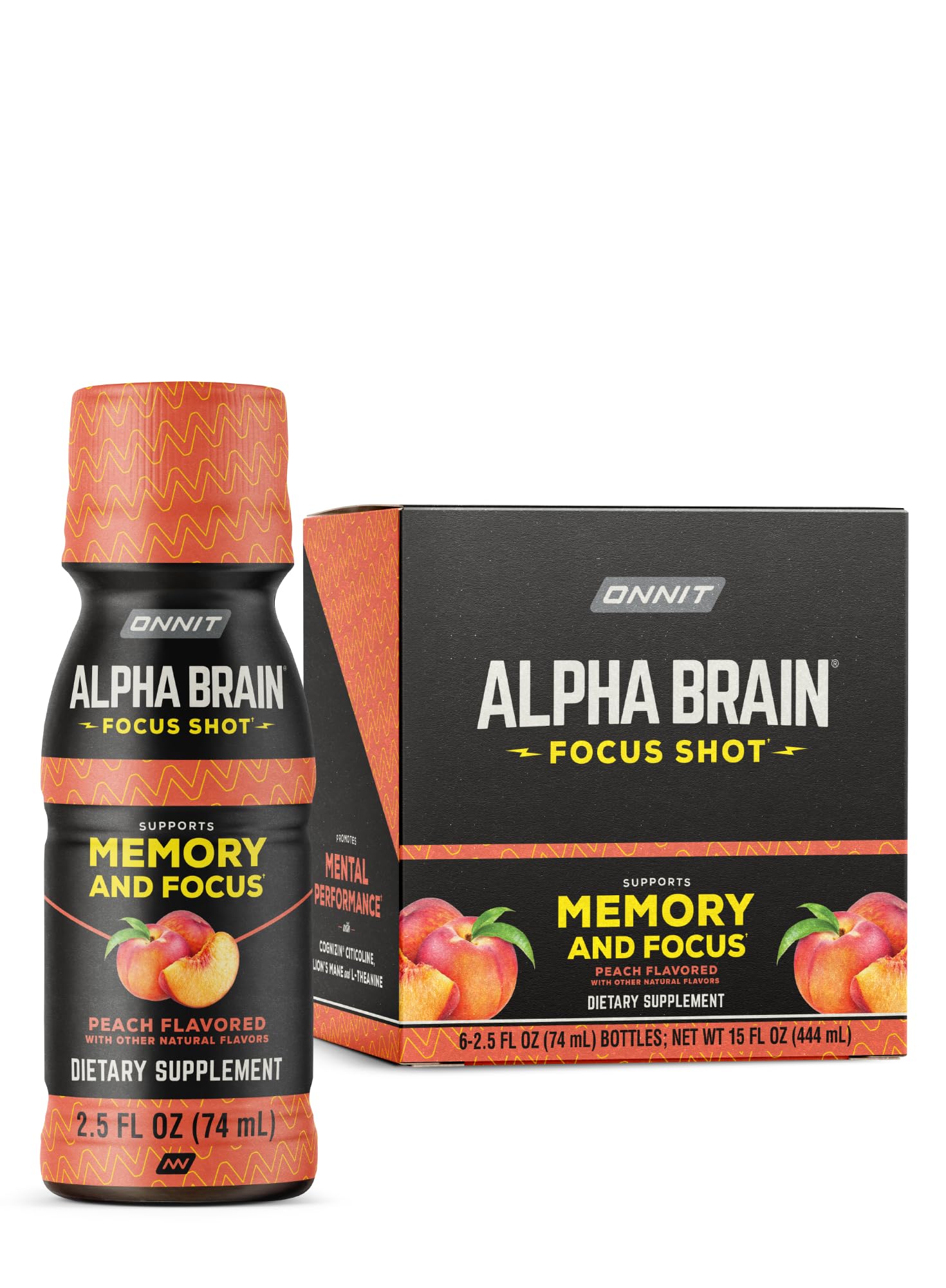ONNIT Alpha BRAIN enfoque shot frente del empaque mostrando botella y marca