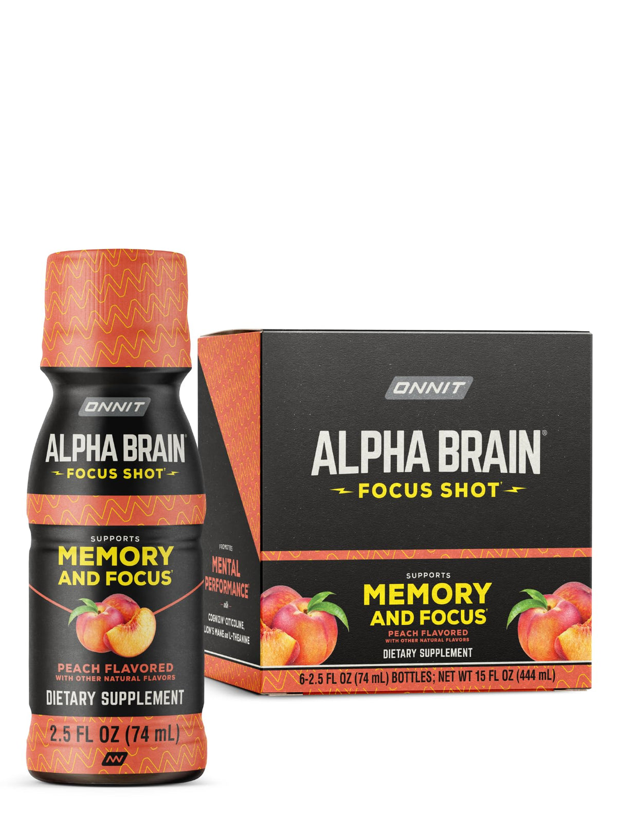 ONNIT Alpha BRAIN enfoque shot frente del empaque mostrando botella y marca