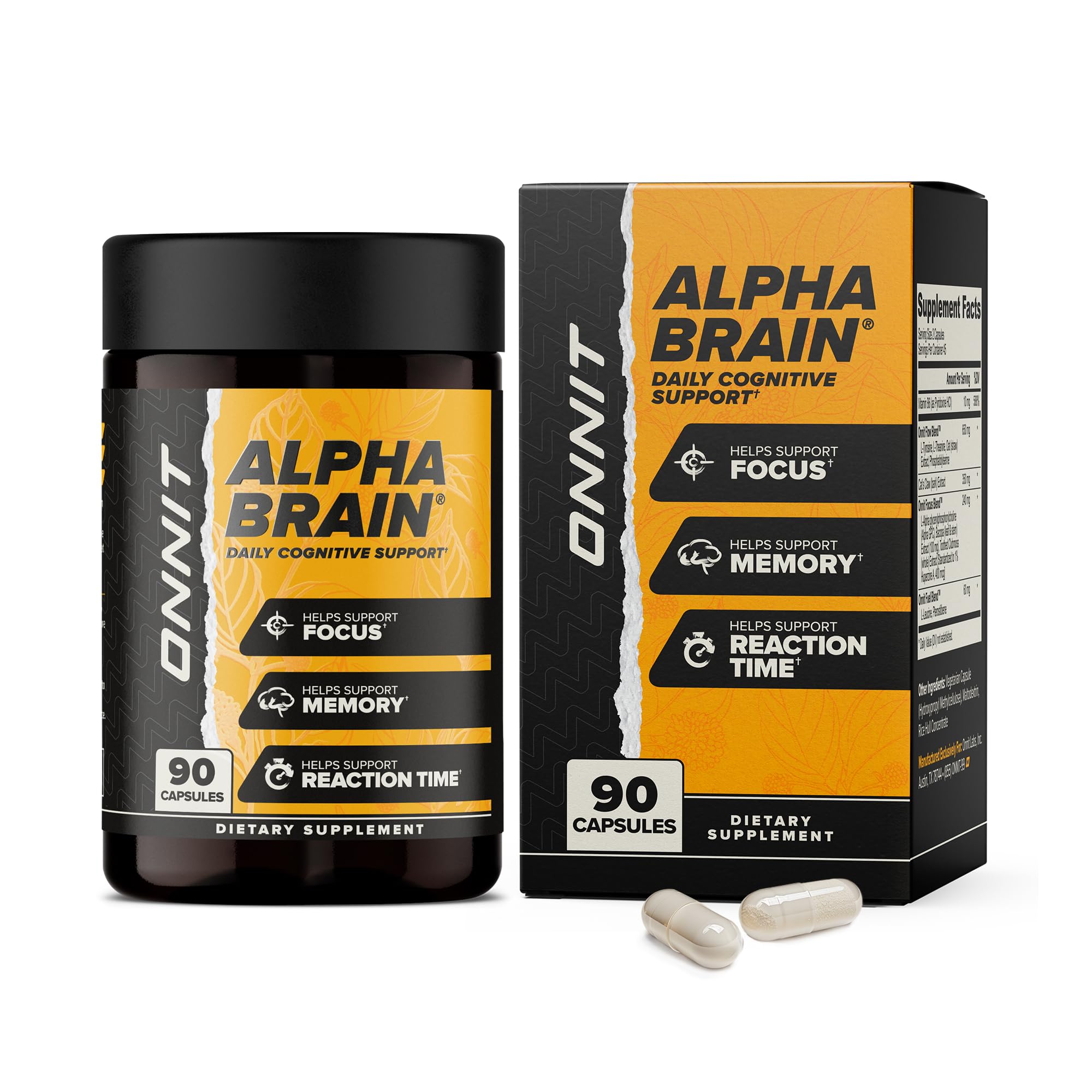 ONNIT Alpha Brain frontal mostrando el frasco y beneficio de enfoque sostenido