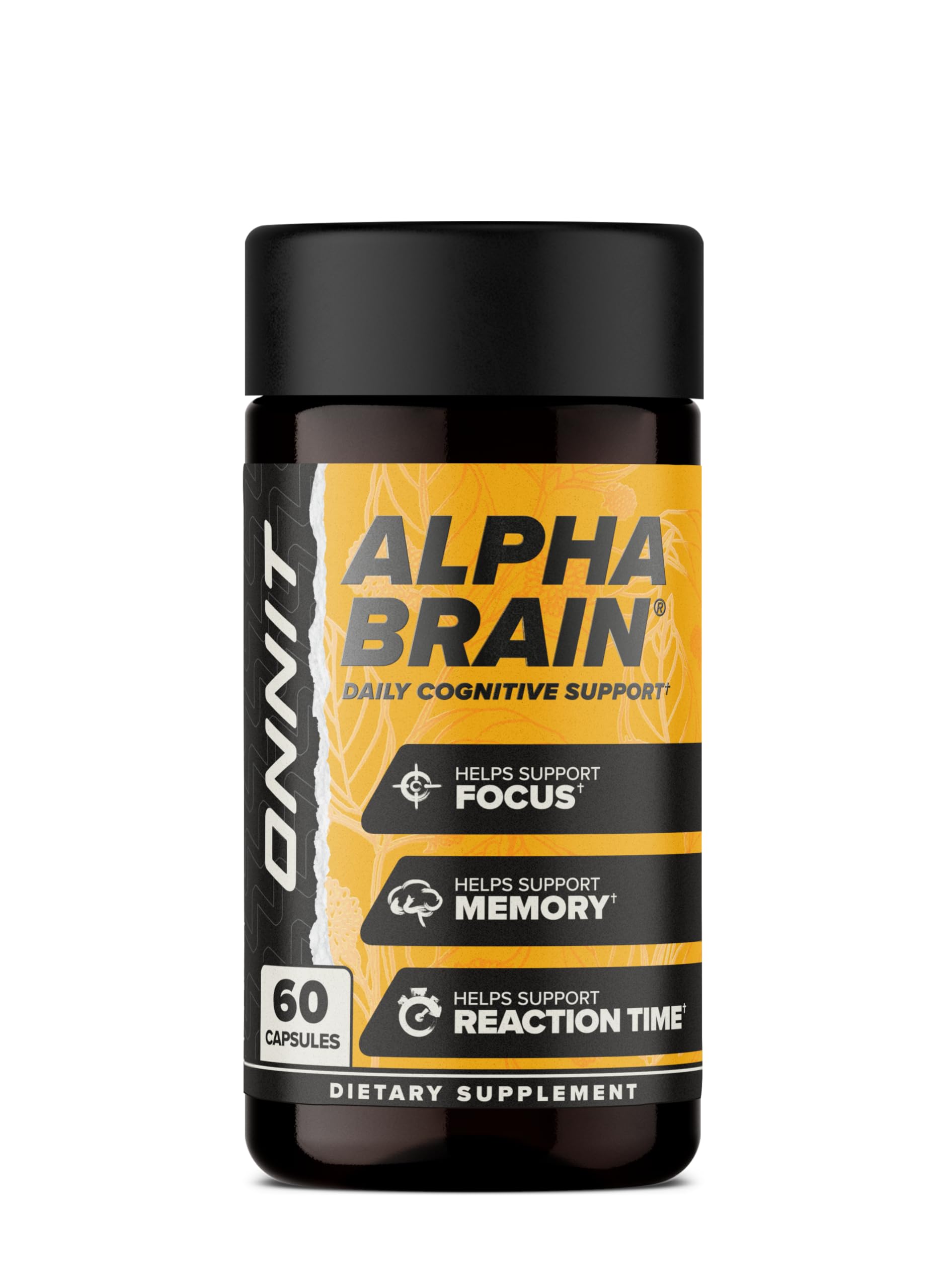 ONNIT Alpha Brain vista frontal mostrando el frasco y marca