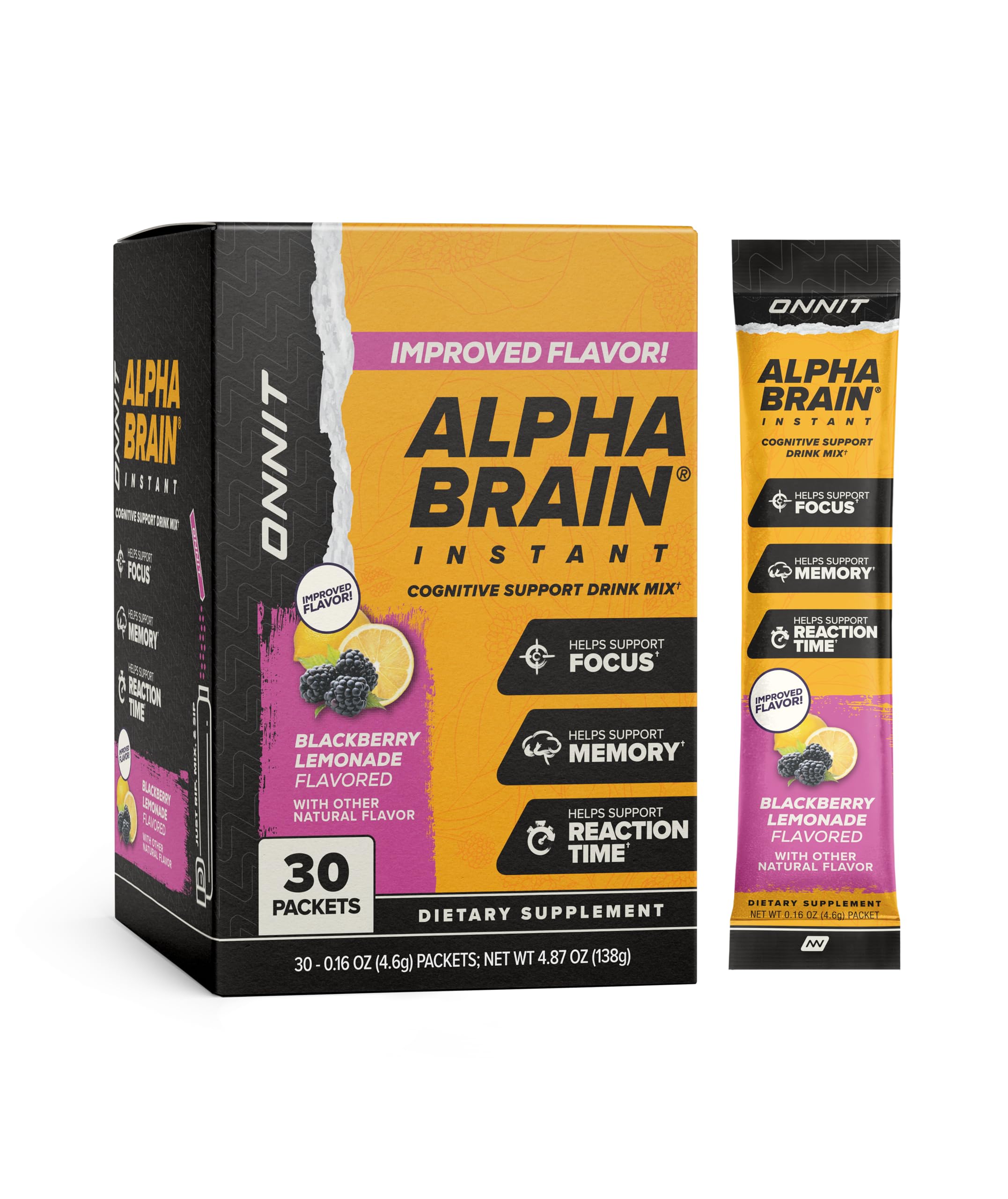 ONNIT Alpha BRAIN frente del empaque muestra conveniencia y marca