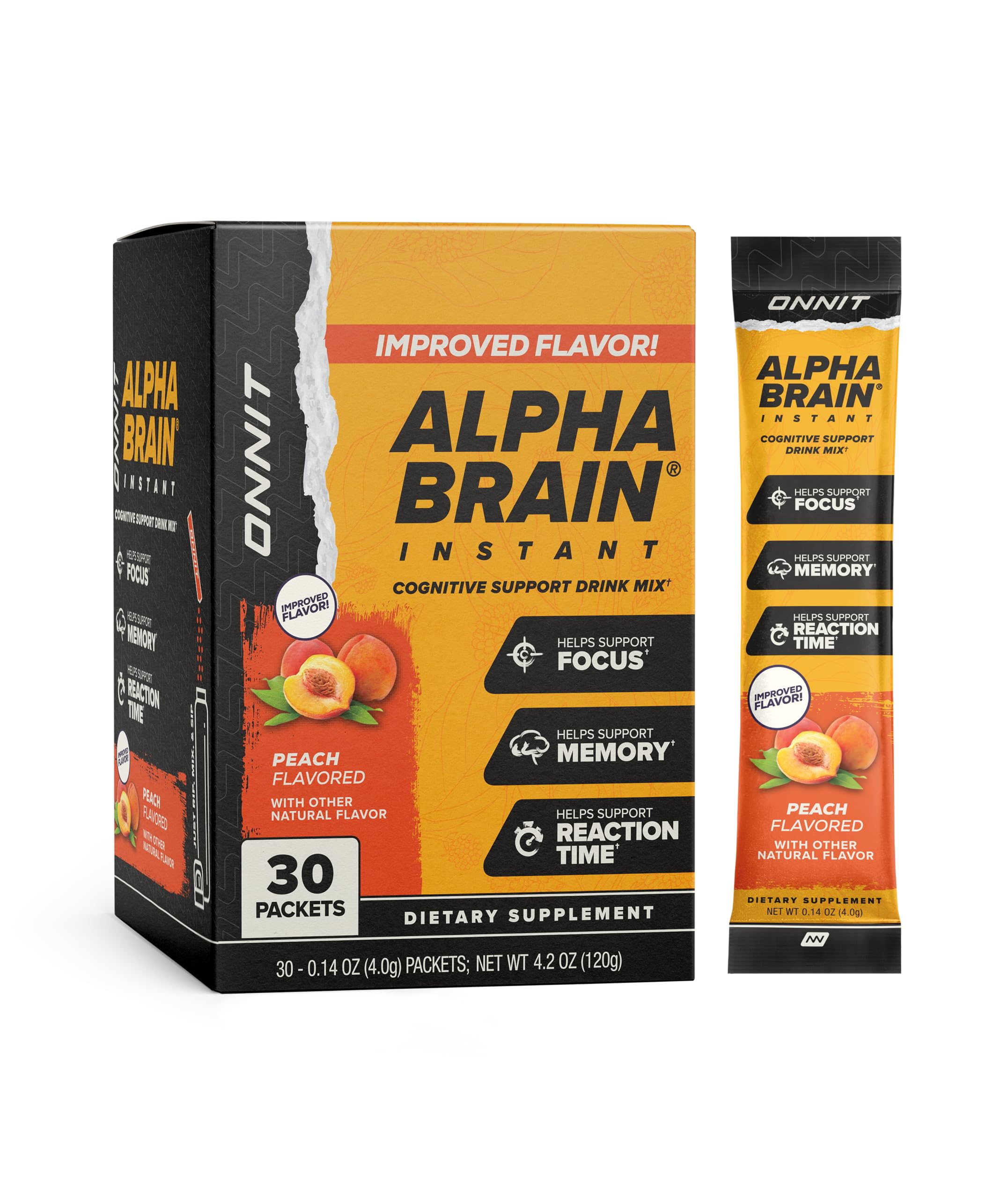 ONNIT caja frontal del Alpha BRAIN Instant muestra sobres y beneficios portátiles
