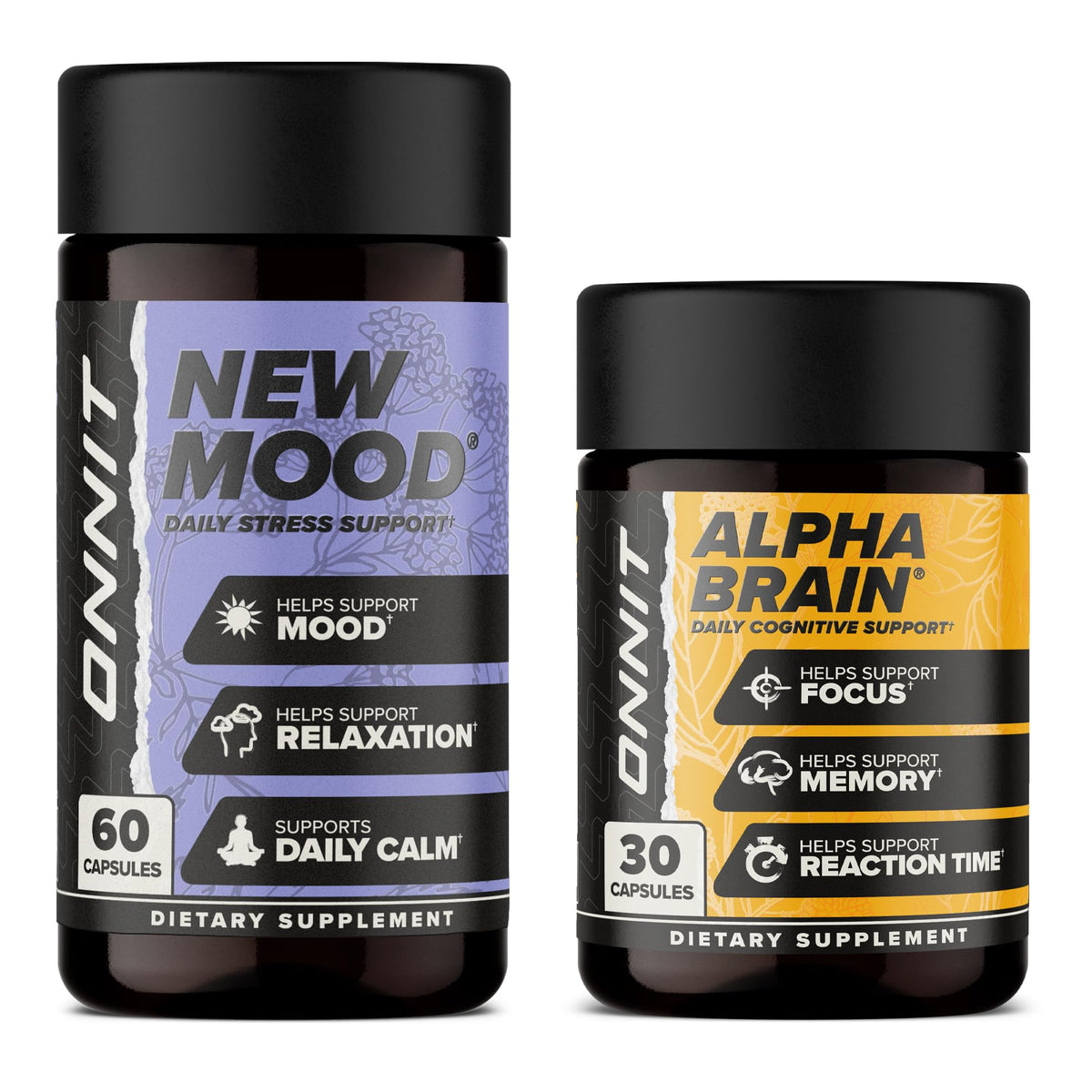 ONNIT pack frontal mostrando Alpha BRAIN y New MOOD, conveniente para rutina diaria