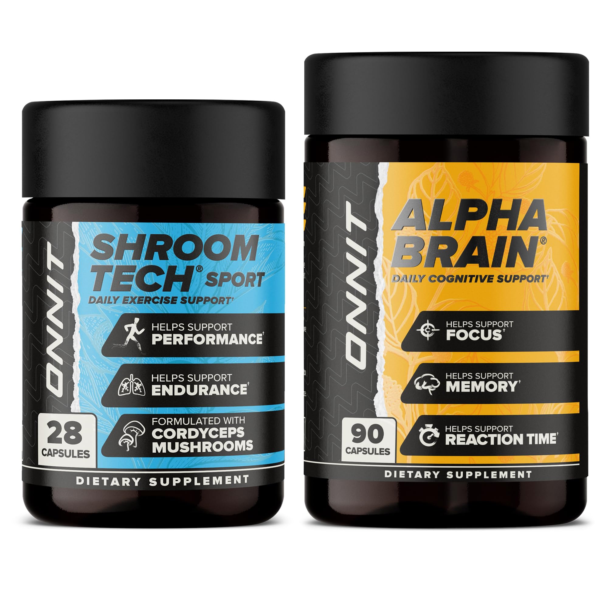 ONNIT pack frontal mostrando Alpha Brain y Shroom Tech para enfoque y energía