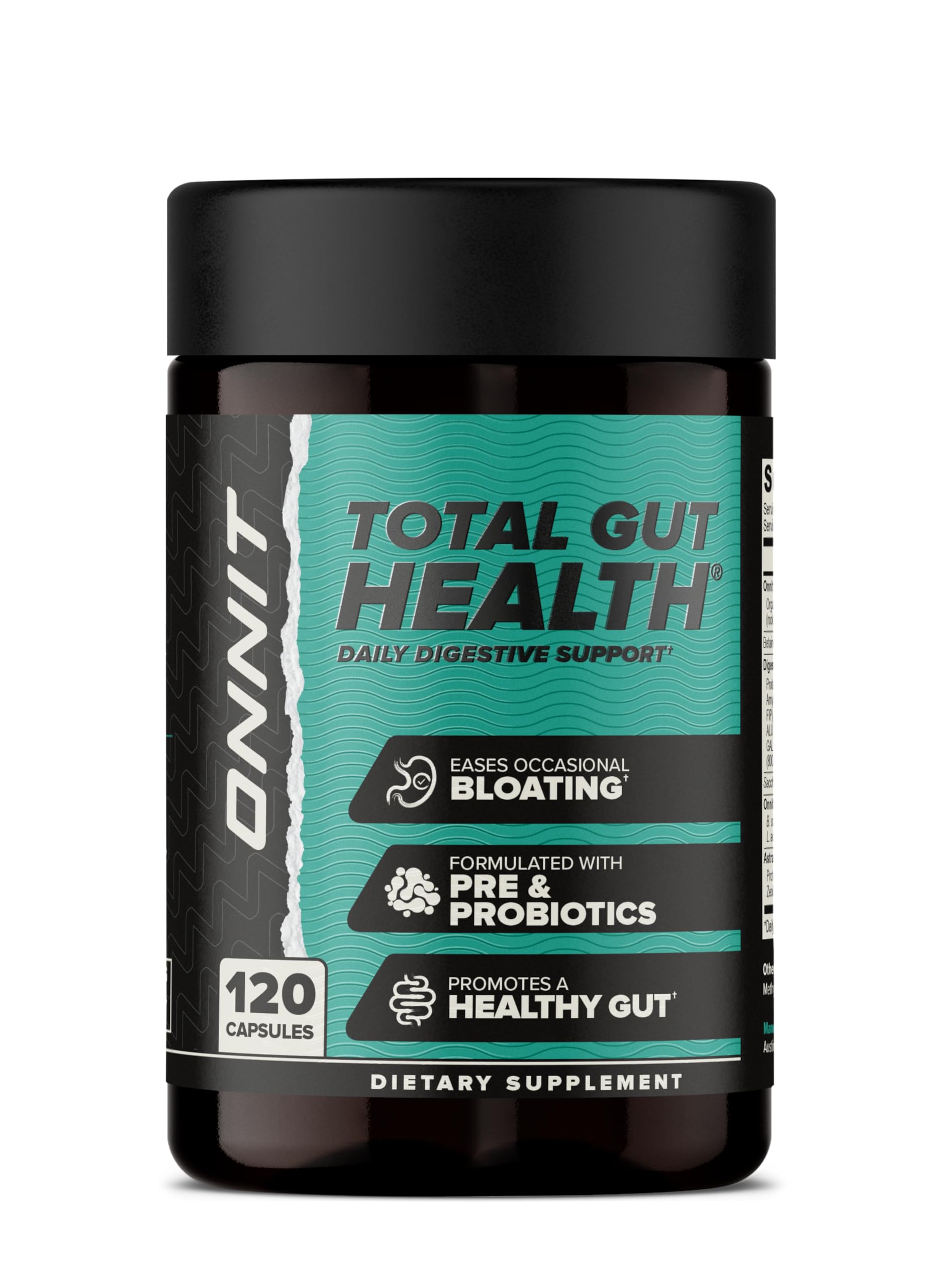 ONNIT frasco delantero mostrando Total GUT HEALTH para digestión equilibrada