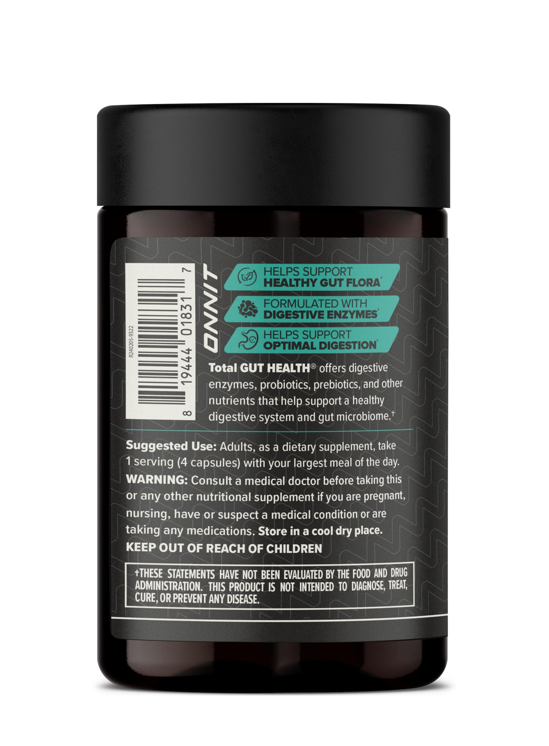 ONNIT etiqueta con lista de ingredientes y beneficios para la digestión