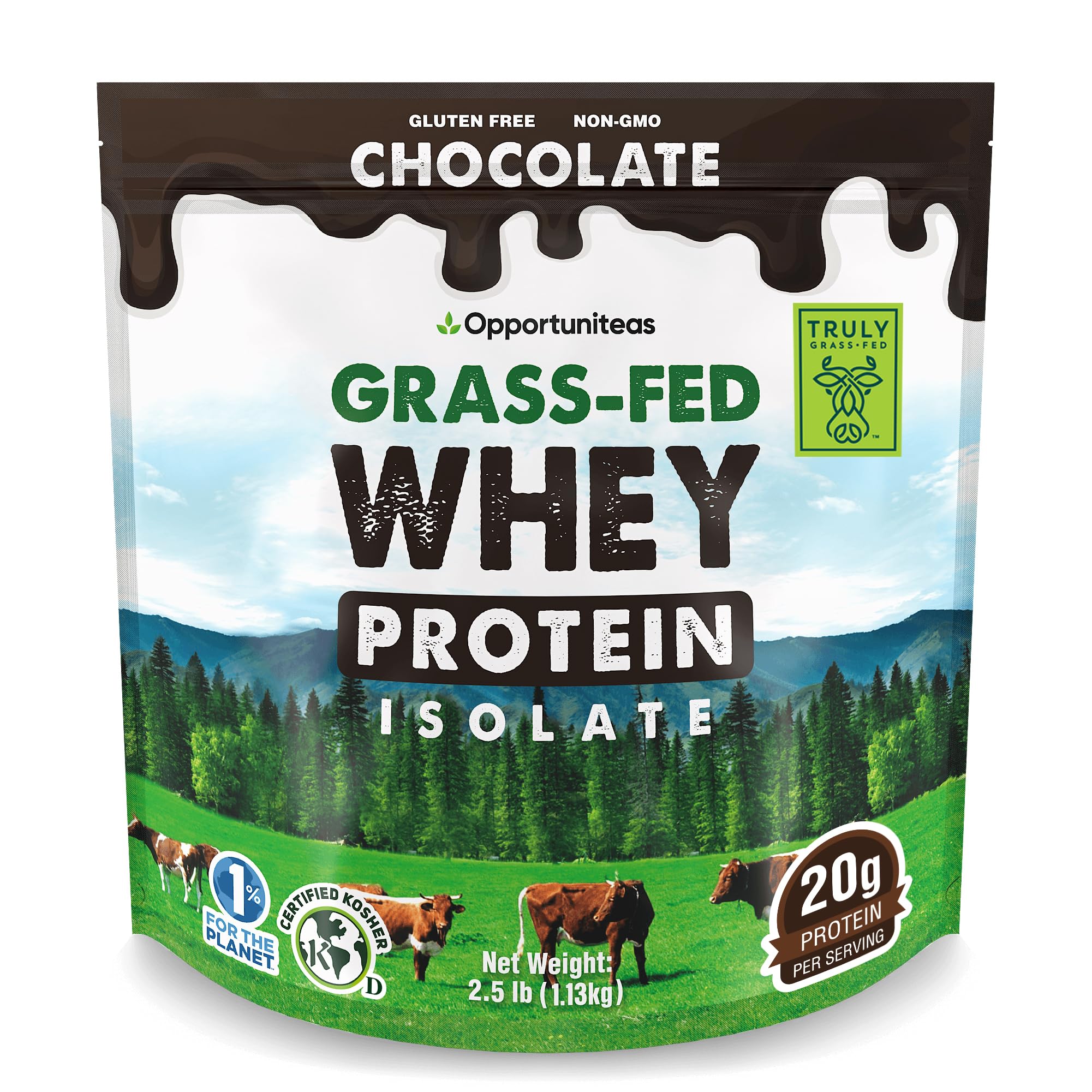 Opportuniteas frente del envase mostrando sello grass fed y beneficio de proteína pura