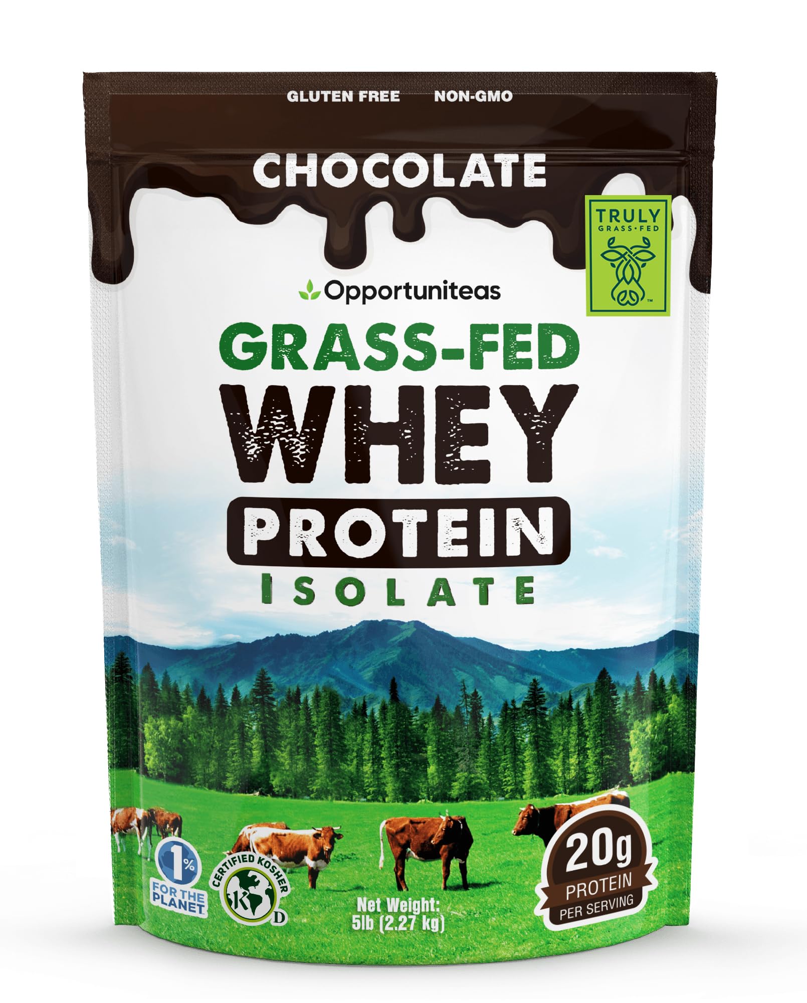 Opportuniteas frente del envase mostrando la marca y sabor chocolate beneficios de proteína pura