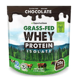 Opportuniteas frente del envase mostrando sello grass fed y beneficio de proteína pura