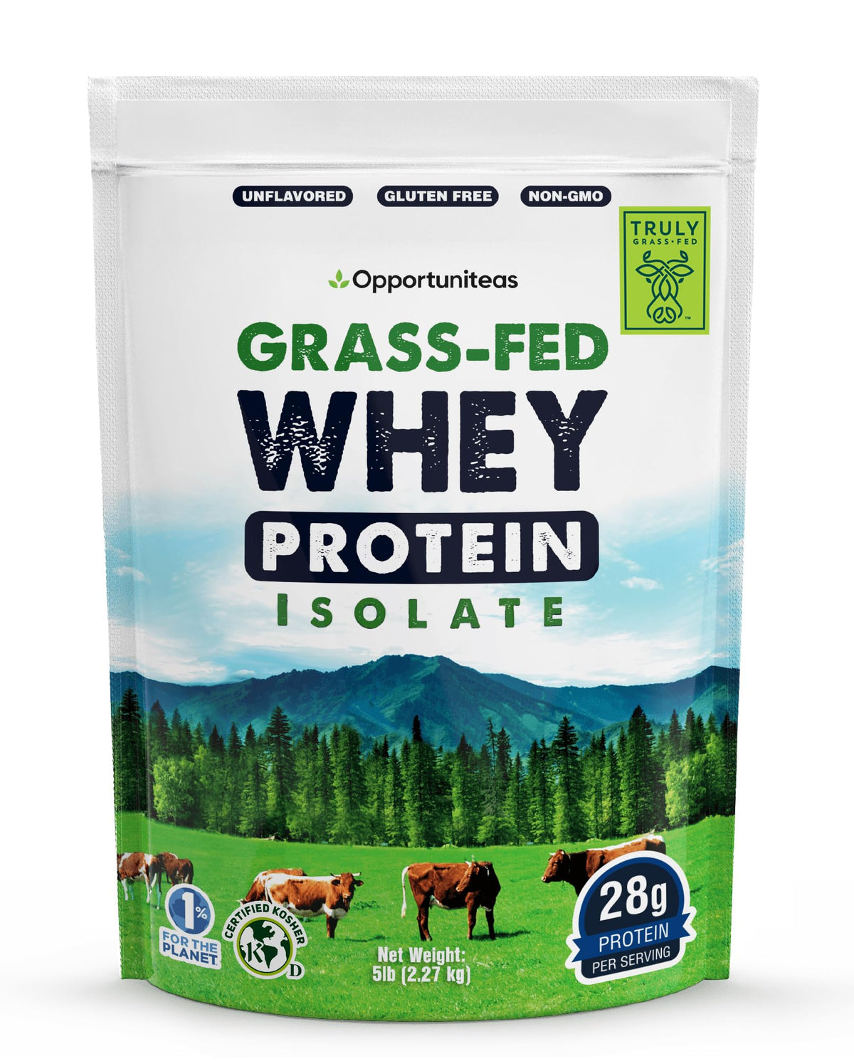 Opportuniteas frente del paquete mostrando la marca y el tamaño de 5 lb, confianza y pureza
