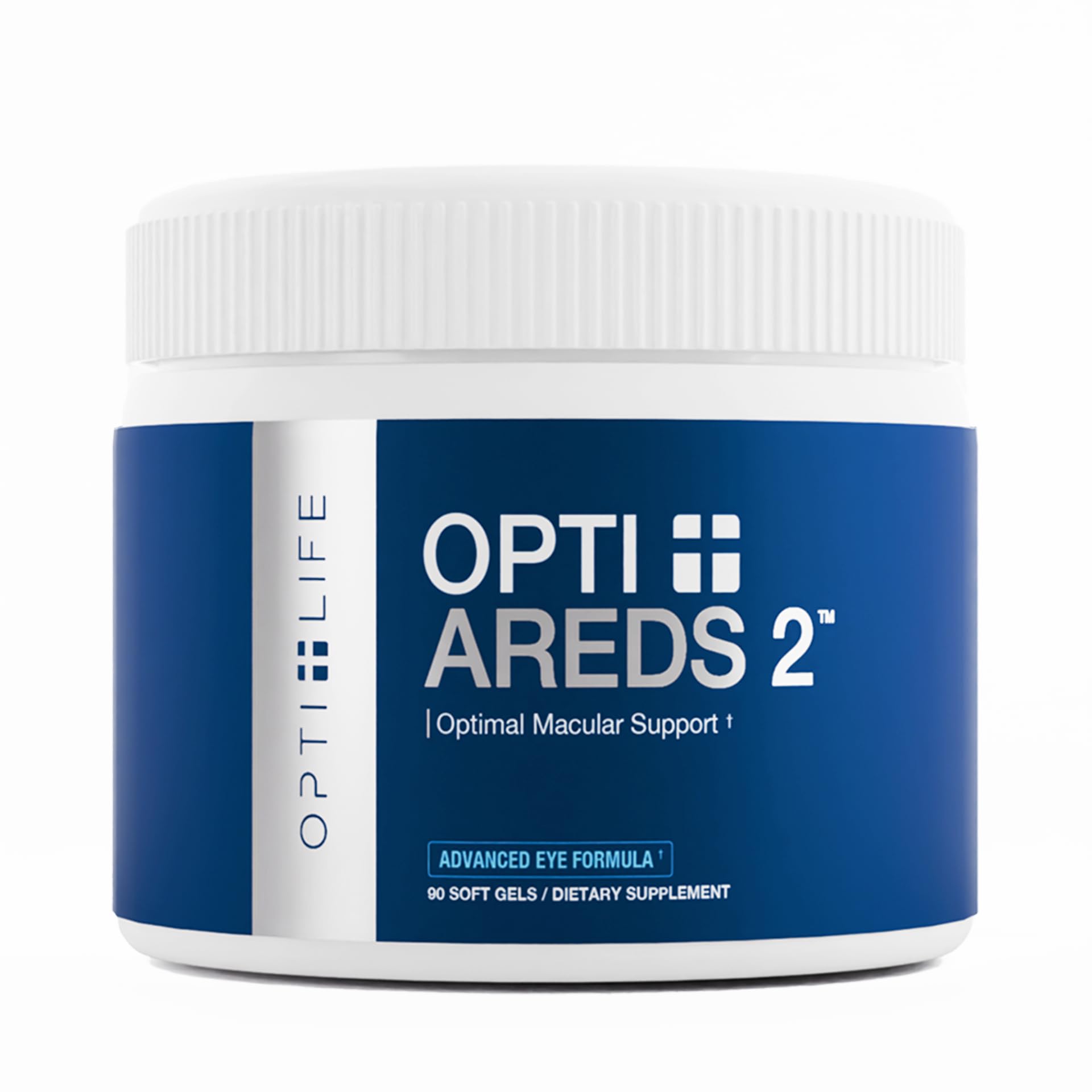 Opti + Life envase frontal mostrando 90 softgels y beneficio visual