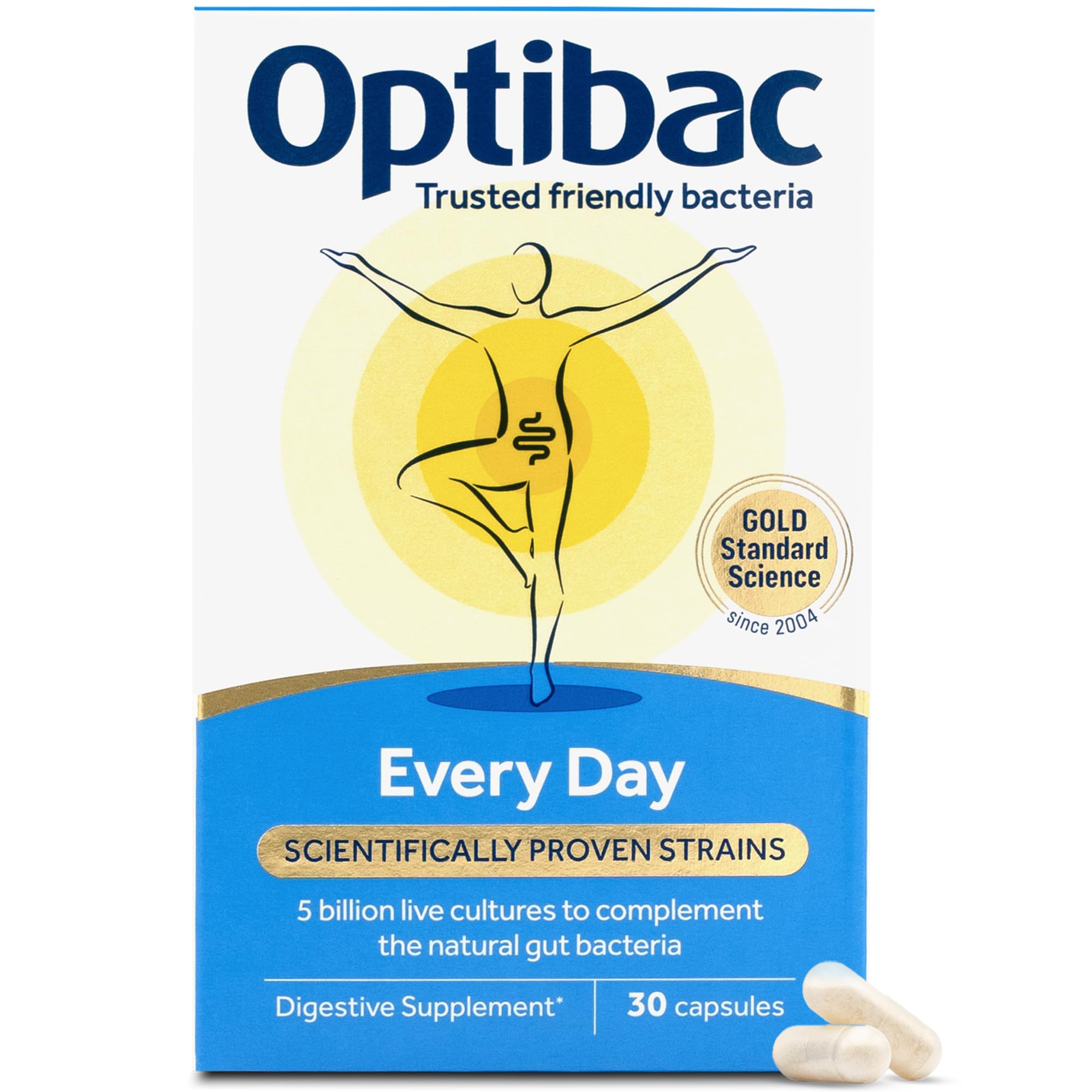 Optibac frontal mostrando el envase y beneficio de equilibrio digestivo