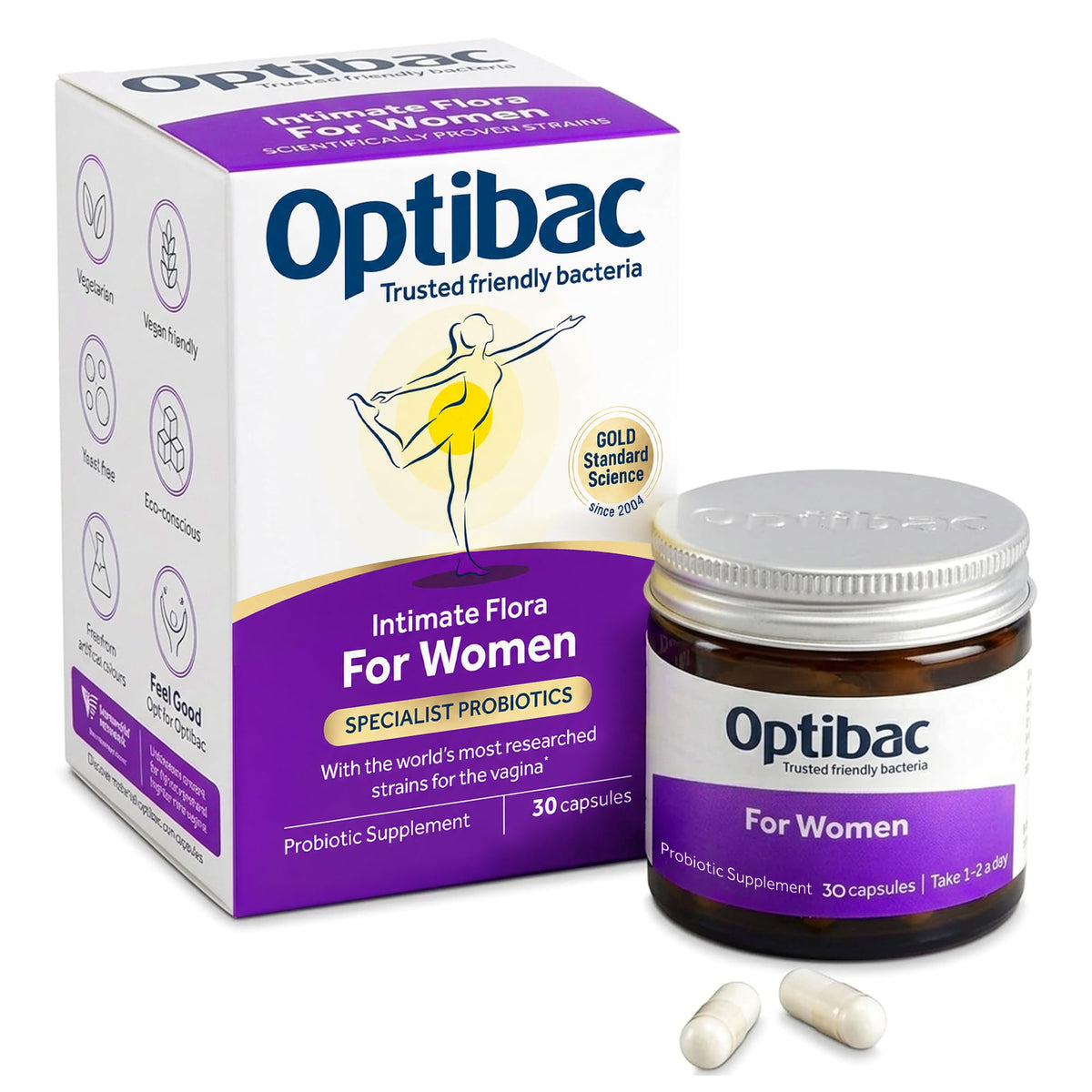 Optibac envase frontal que muestra 30 cápsulas y beneficios para la flora íntima