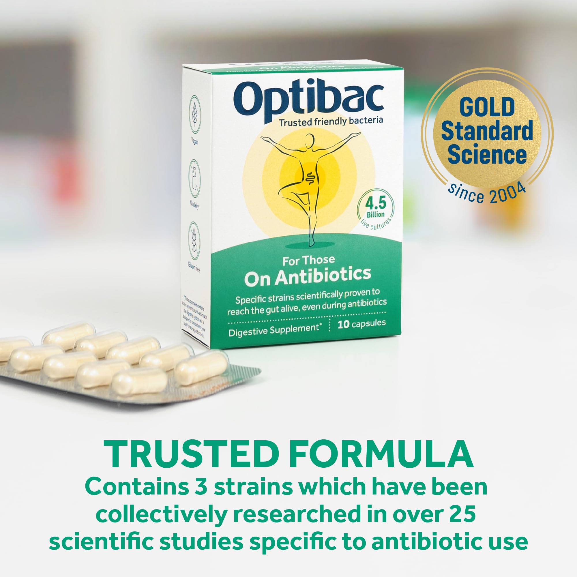 Optibac cápsula junto a un blíster de antibiótico ilustrando uso complementario