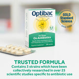 Optibac cápsula junto a un blíster de antibiótico ilustrando uso complementario