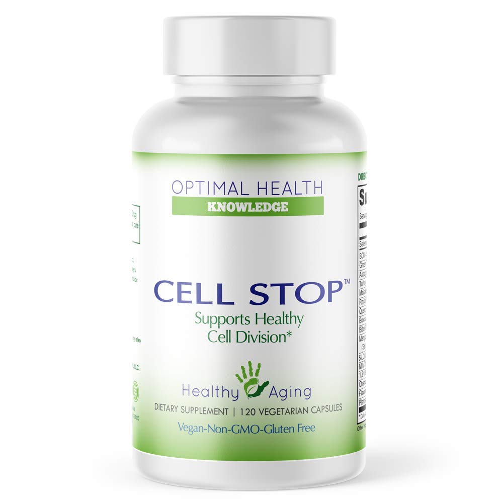 Optimal Health Knowledge CELL STOP frente del envase mostrando etiqueta y beneficios