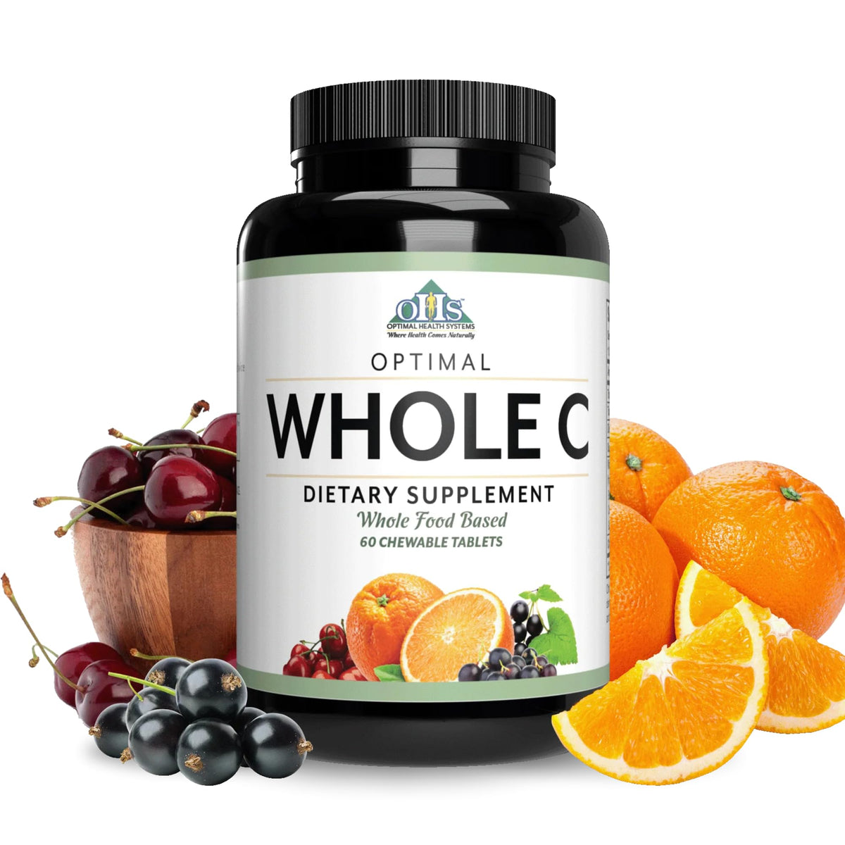 Optimal Health Systems botella frontal mostrando Whole C masticables, confianza en origen