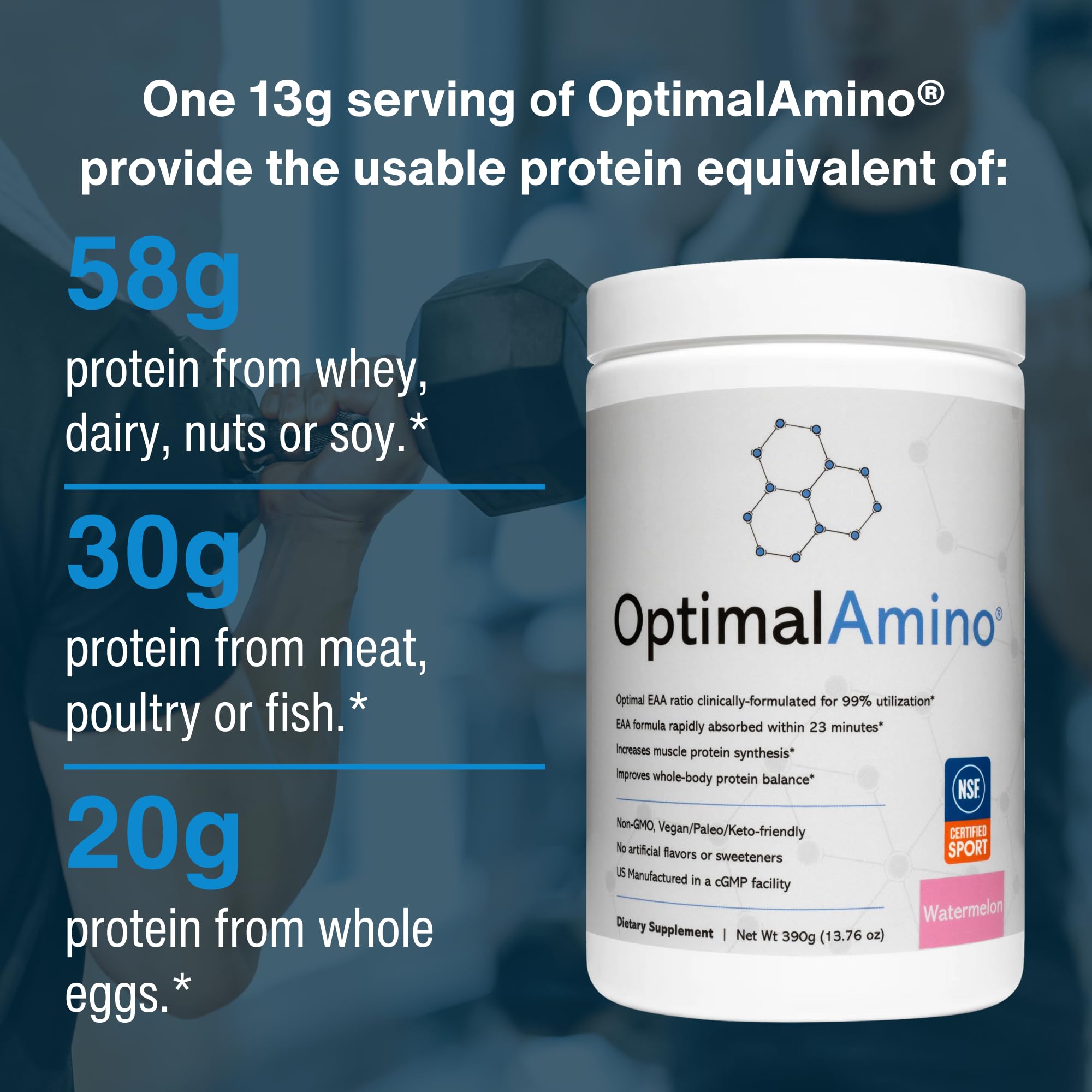 OptimalAmino etiqueta con sello NSF for Sport visible, beneficio confianza y control de calidad para atletas