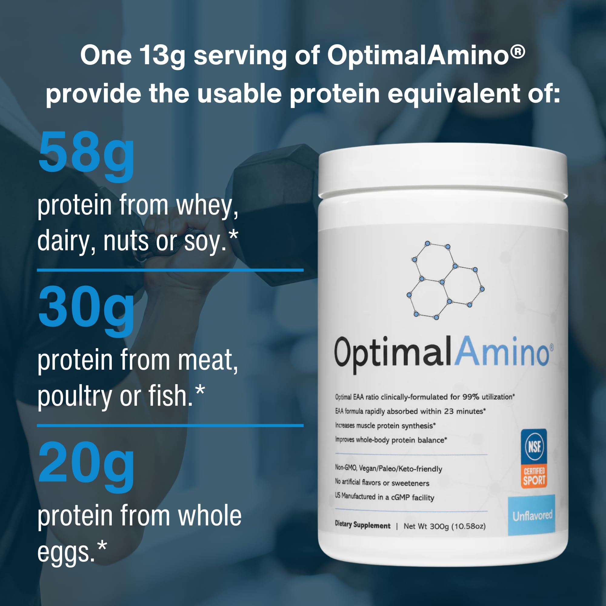 Detalle de la etiqueta de OptimalAmino mostrando ingredientes y certificación