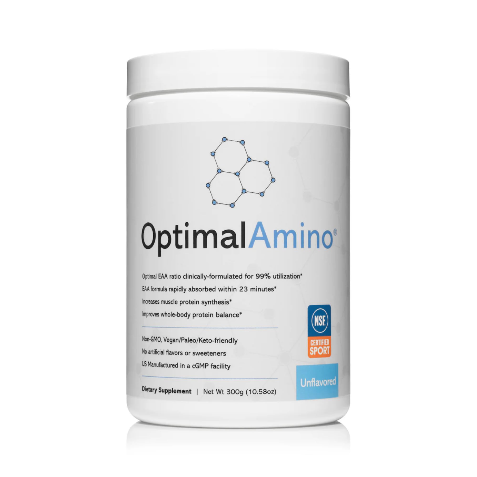 OptimalAmino envase frontal mostrando certificación NSF y beneficio de pureza