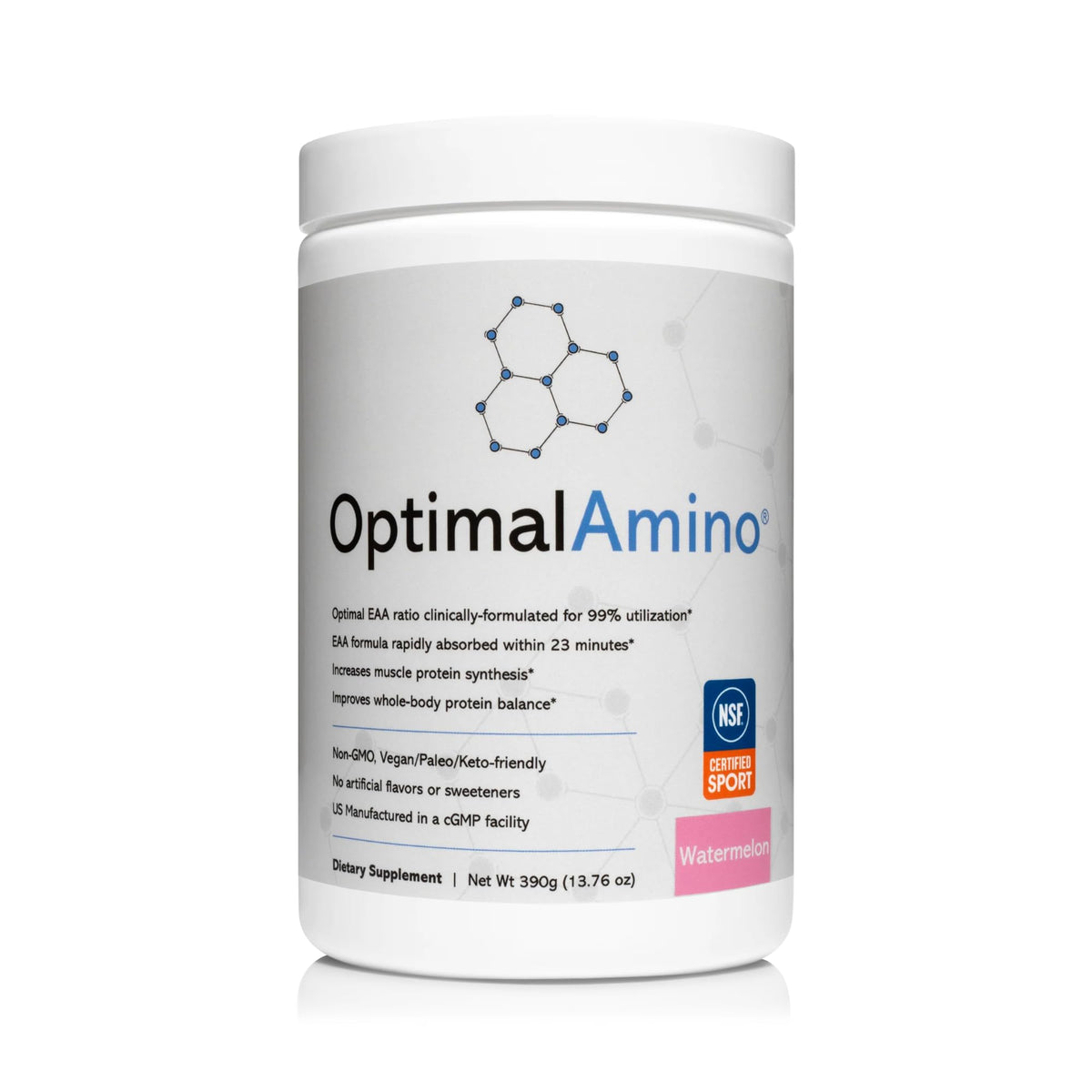 OptimalAmino frente del envase mostrando etiqueta y sabor Watermelon Flavor, beneficio claridad de ingredientes