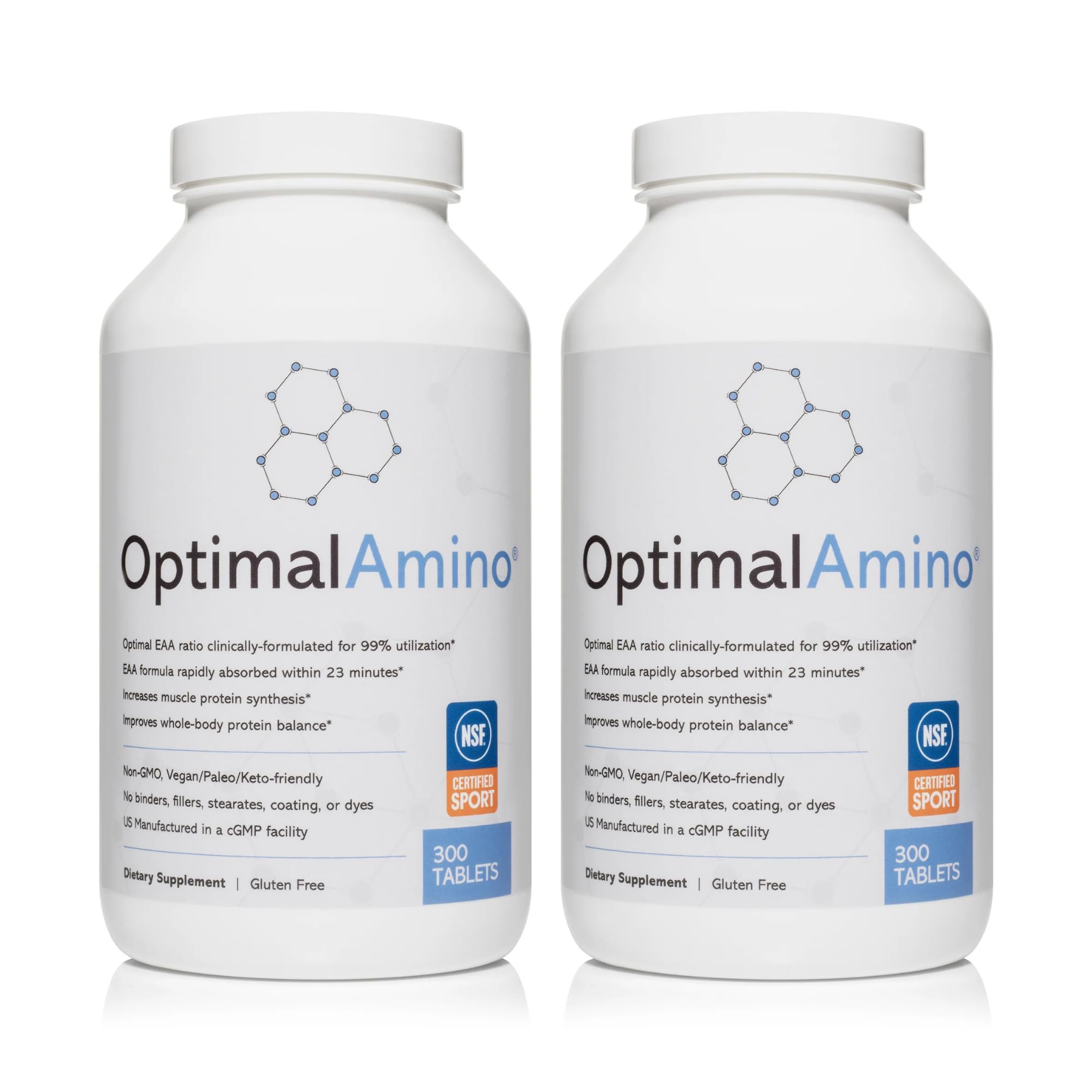 OptimalAmino envase frontal mostrando diseño y cantidad 600 comprimidos, beneficio conveniencia