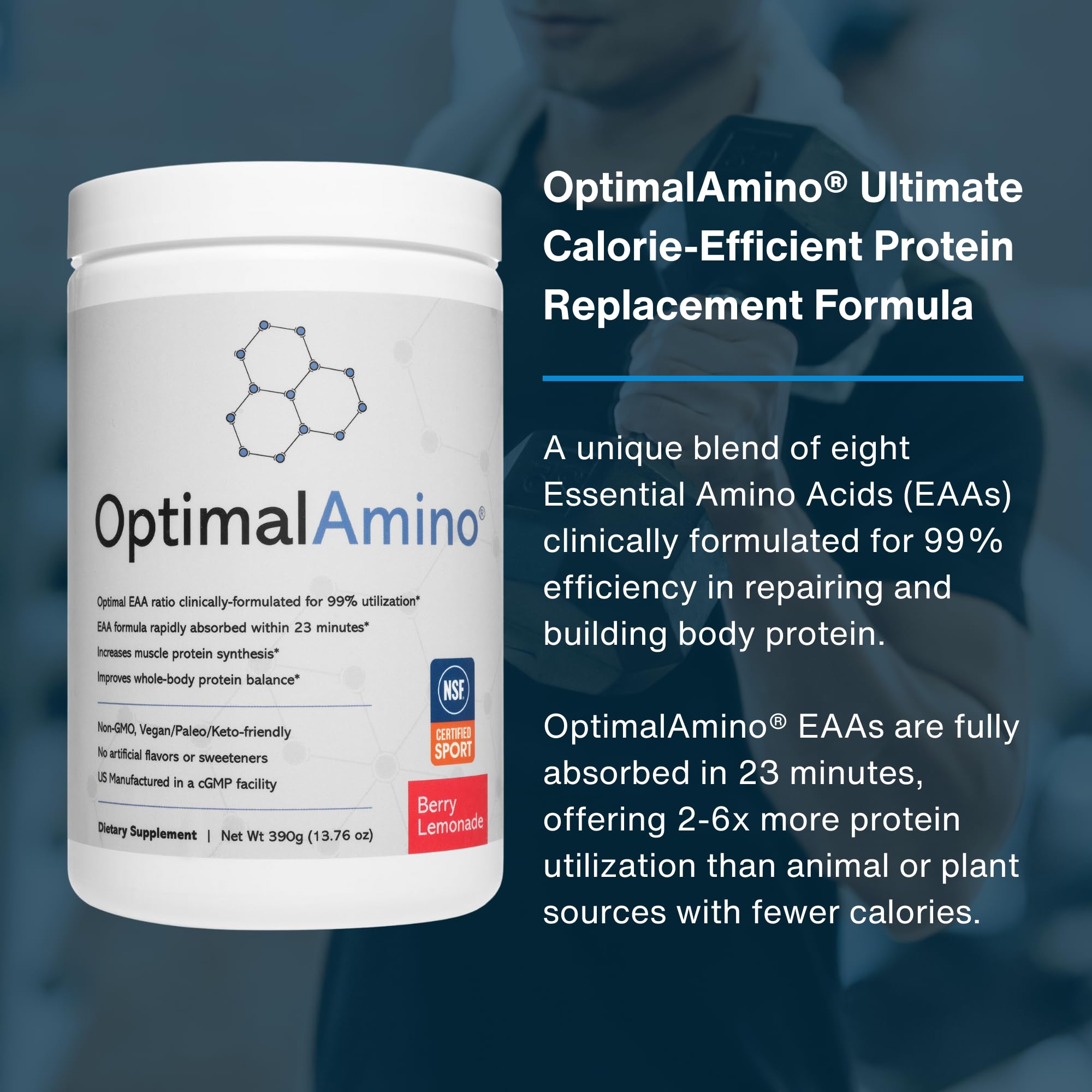 OptimalAmino polvo en cuchara evidenciando mezcla rápida y sin sabores artificiales