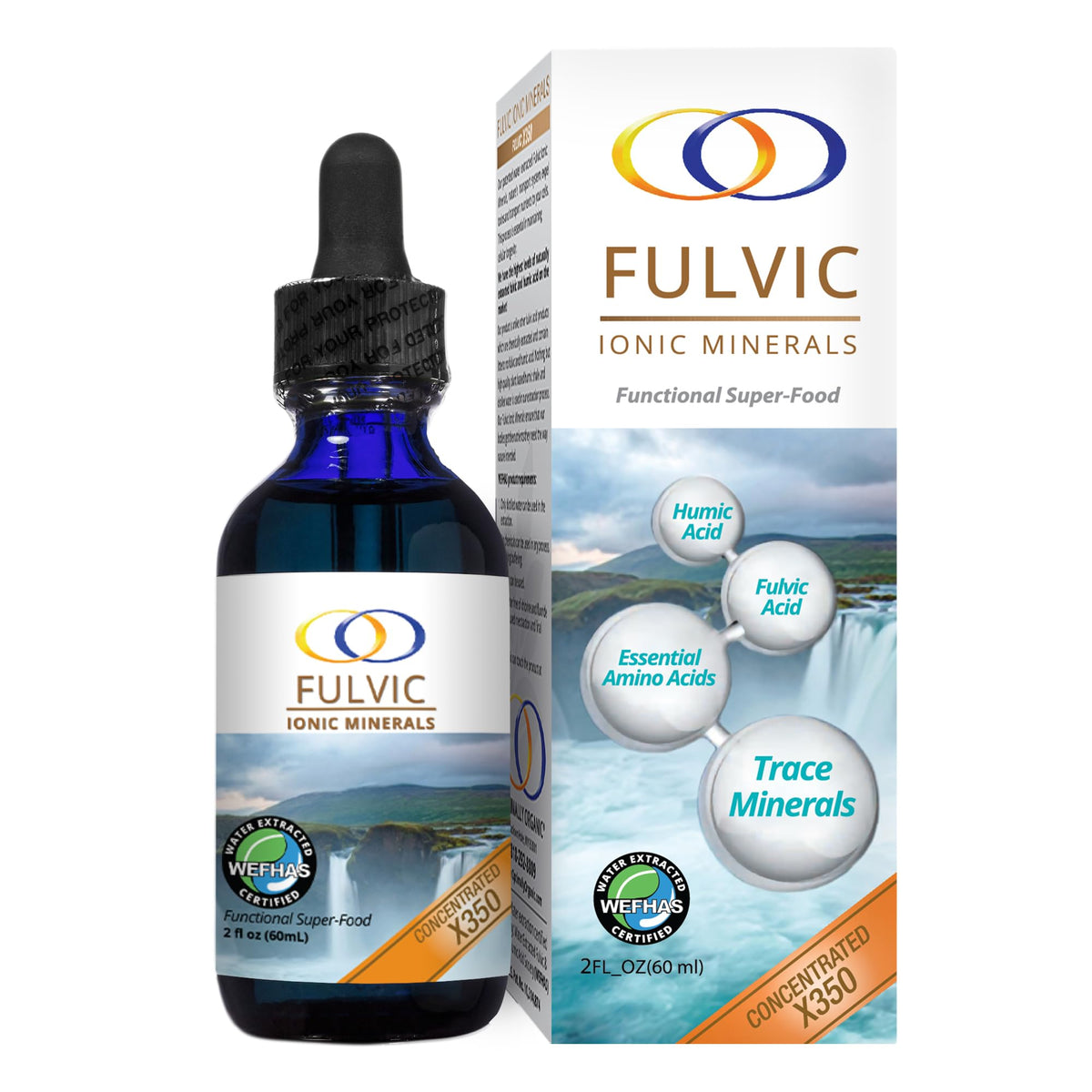 Optimally Organic frasco frontal azul mostrando la marca y concentración X350, protección del contenido