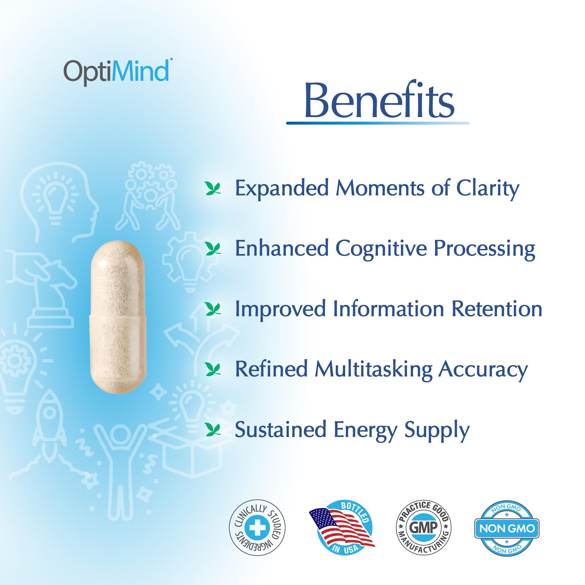 Optimind botella abierta con cápsulas, facilita control de dosis diaria