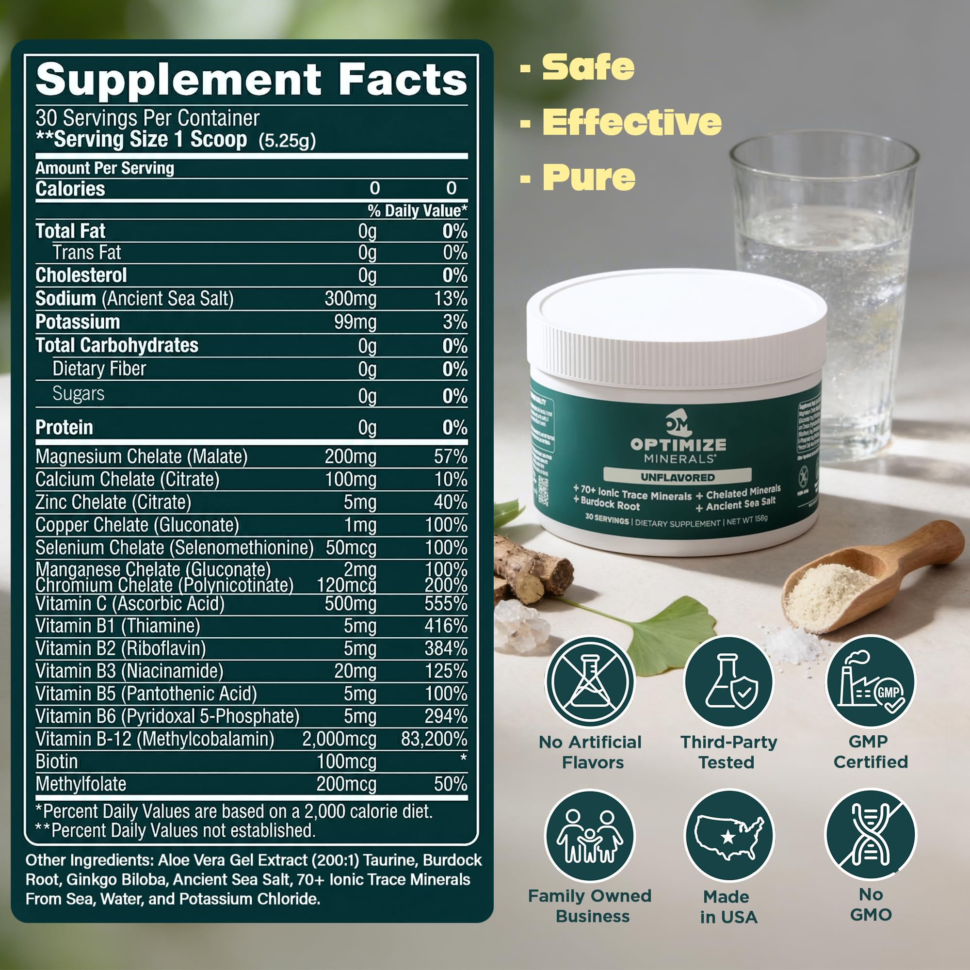 Optimize Minerals etiqueta nutricional enfocada para ver información de ingredientes
