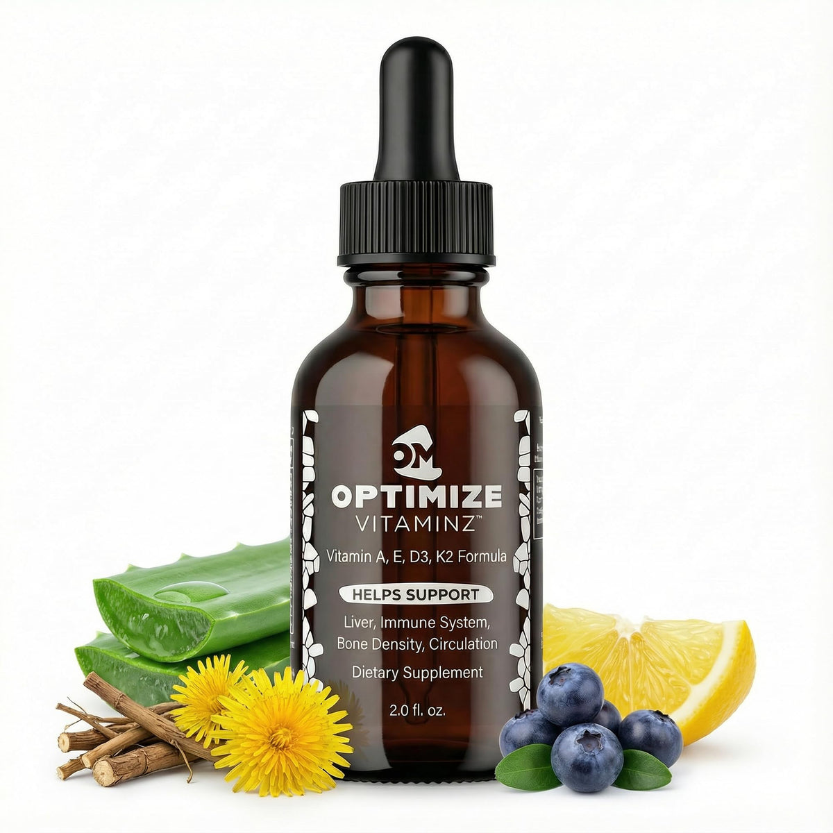 Optimize Minerals frasco frontal mostrando la etiqueta clara y beneficios