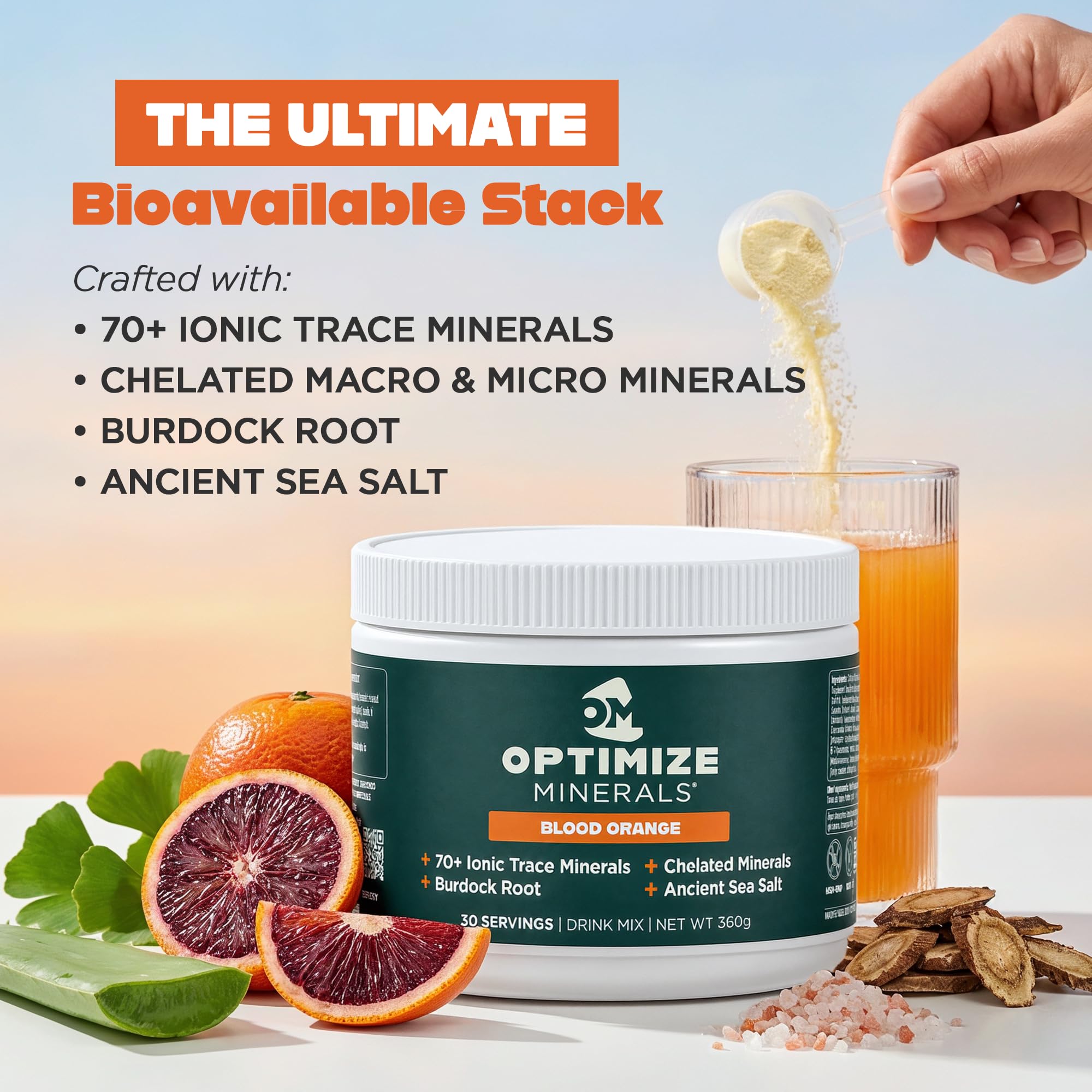 Optimize Minerals vaso con bebida naranja sanguina lista para beber y absorción rápida