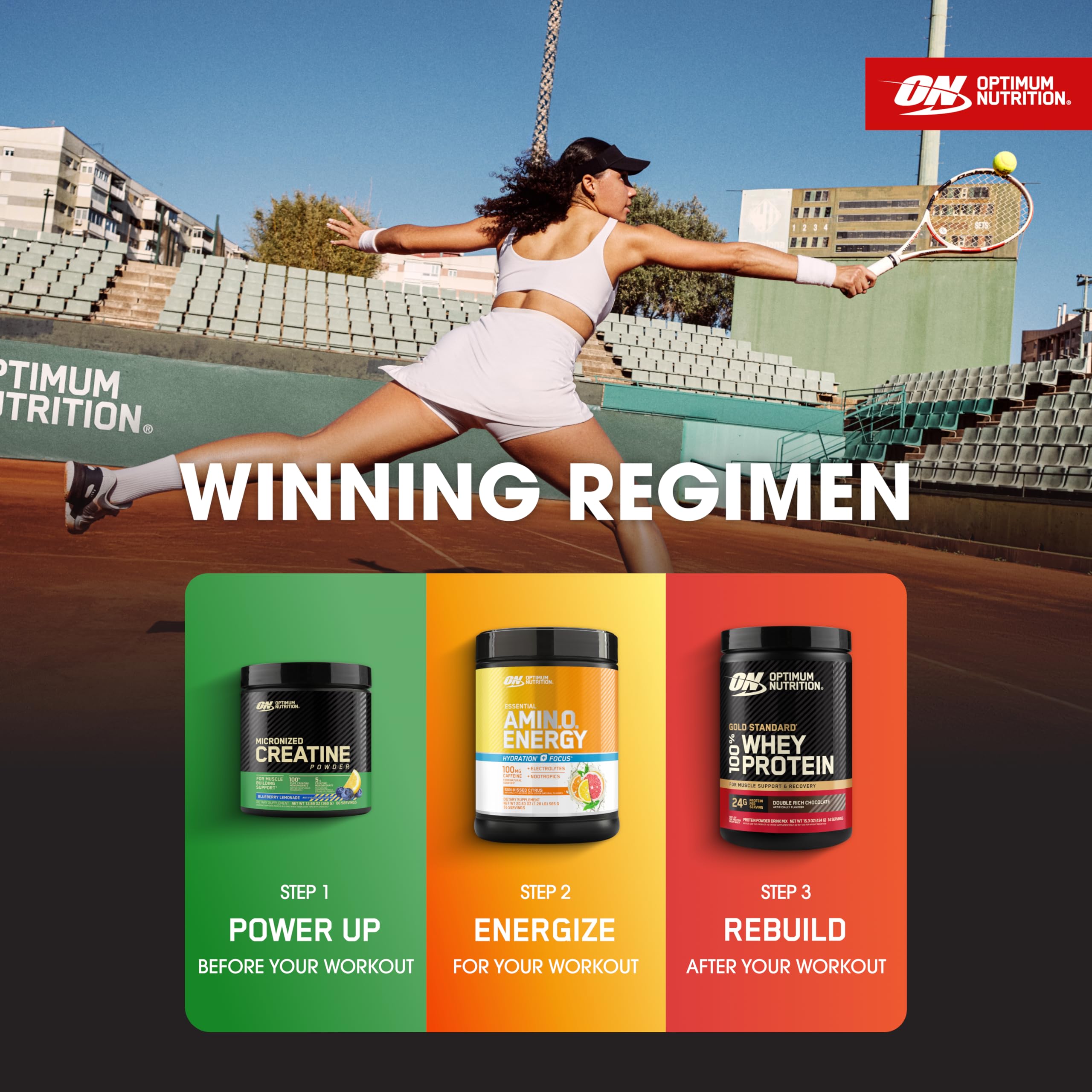 Optimum Nutrition empaque lateral indicando 65 servicios y datos nutricionales