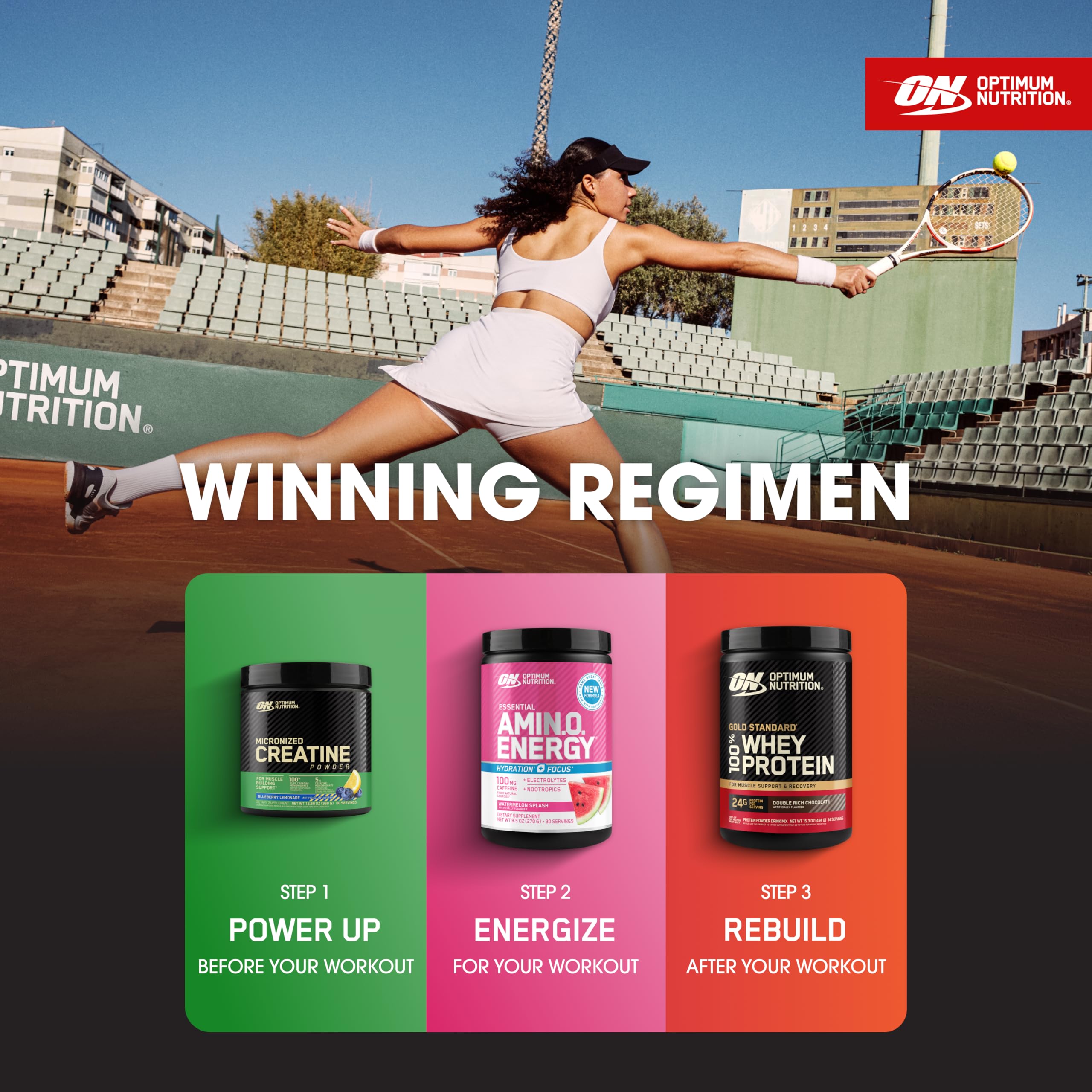 Optimum Nutrition producto en ambiente cotidiano como bebida funcional durante el día