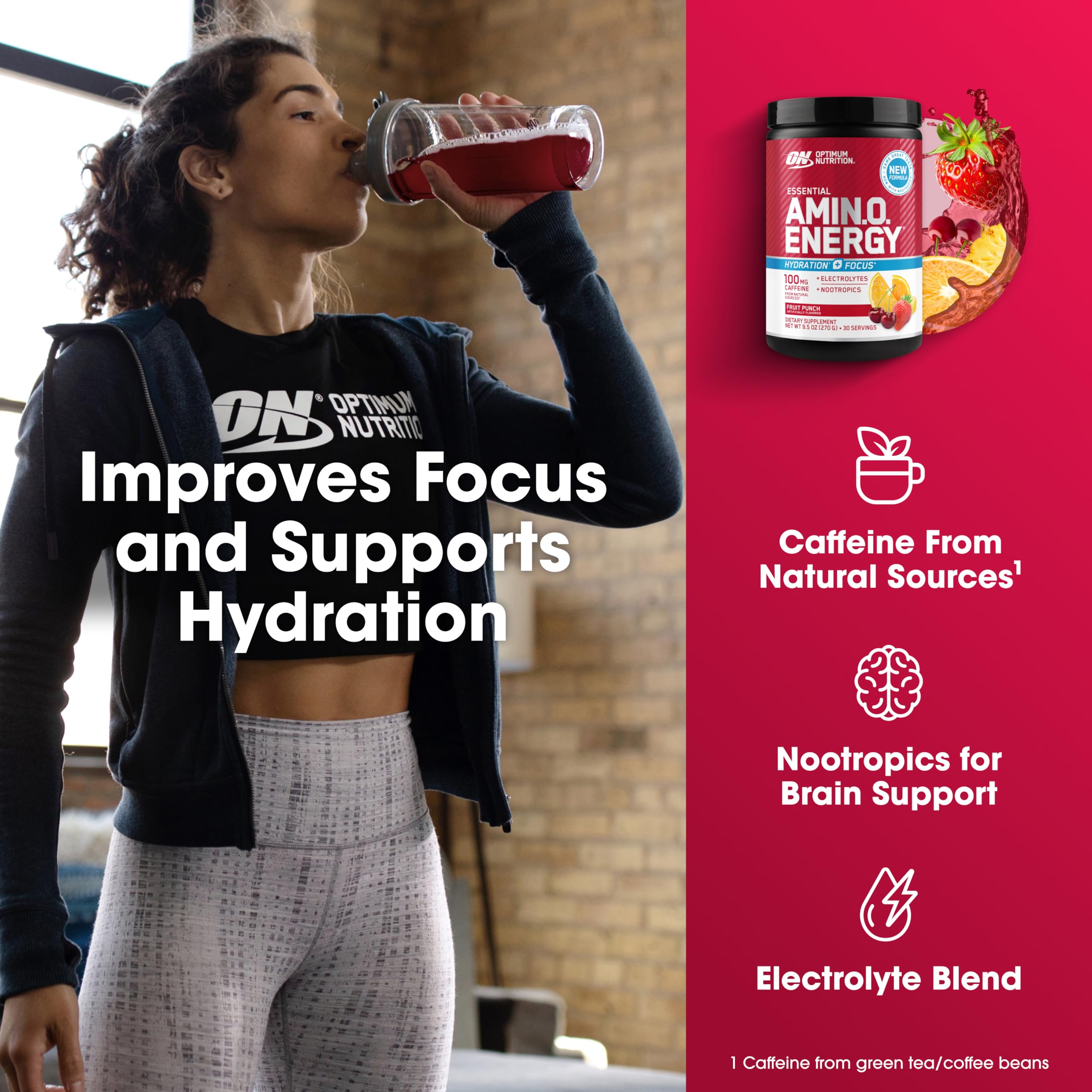 Detalle de etiqueta Optimum Nutrition con información de cafeína y aminoácidos