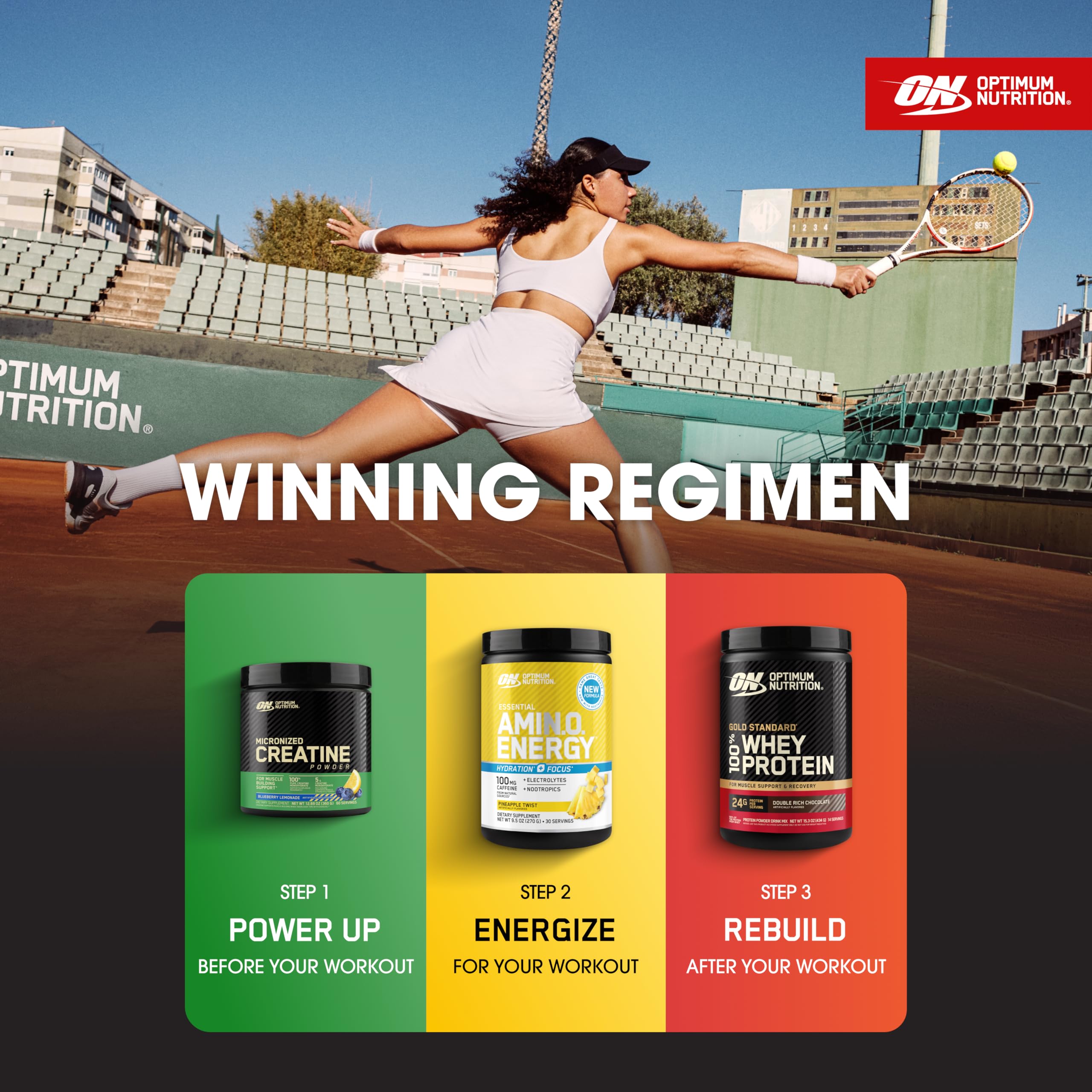 Optimum Nutrition envase abierto con cucharada midiendo dos servicios exactos