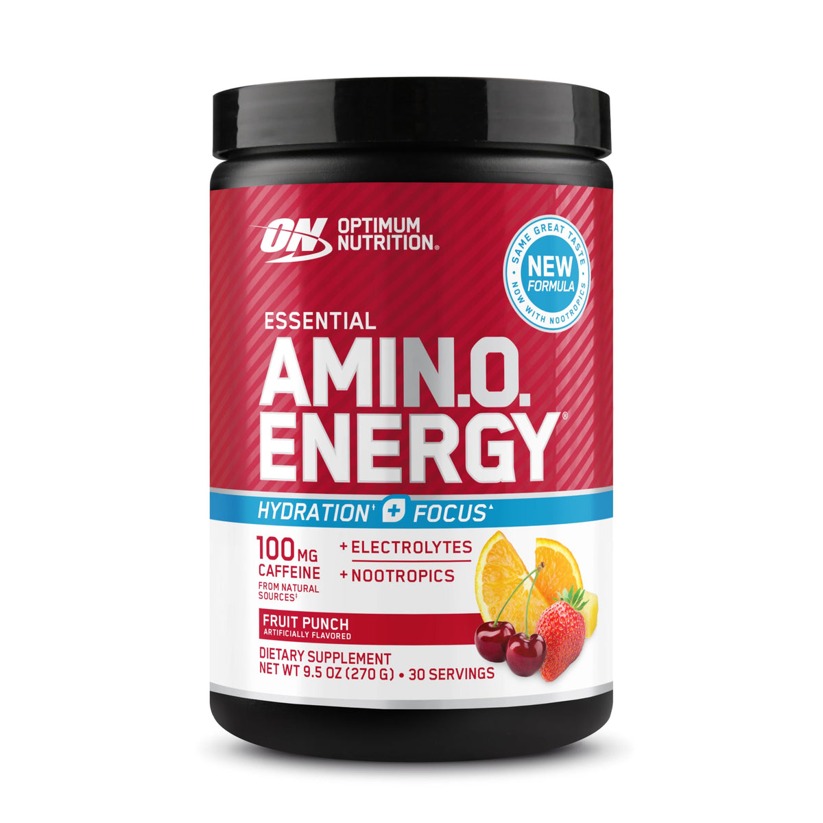 Optimum Nutrition envase frontal Fruit Punch mostrando la marca y el beneficio energía