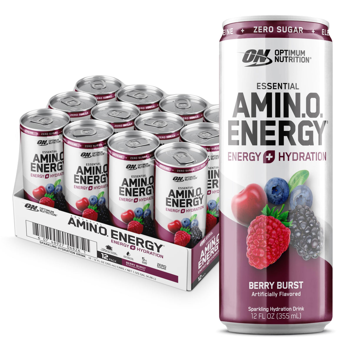 Optimum Nutrition lata frontal Berry Burst mostrando beneficio energía inmediata