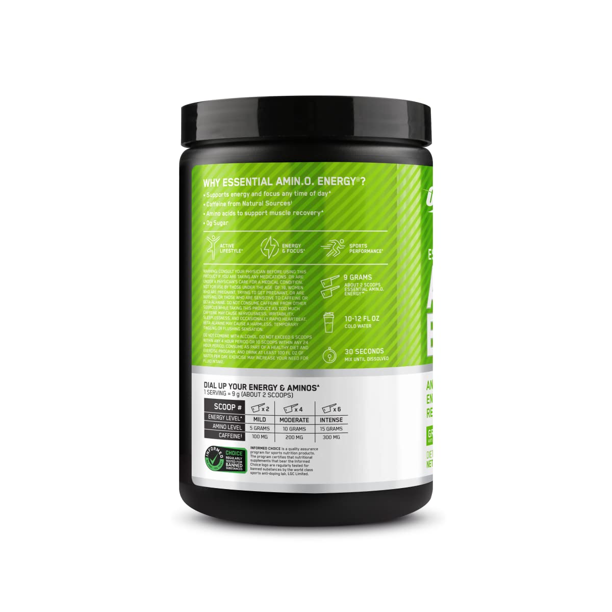 Optimum Nutrition envase junto a botella para visualizar tamaño y 30 servicios