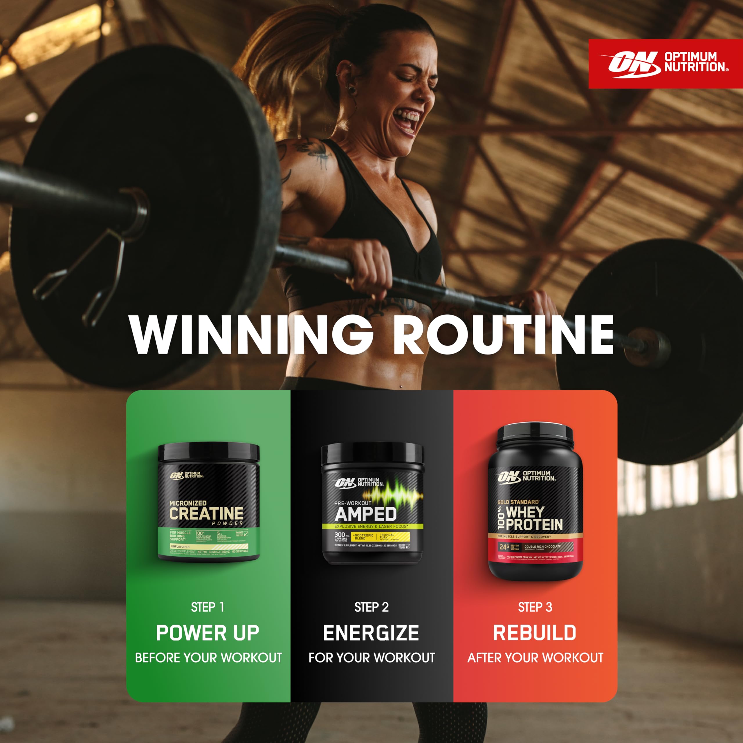 Optimum Nutrition comparación de tamaño del bote, indica 20 servicios por envase.