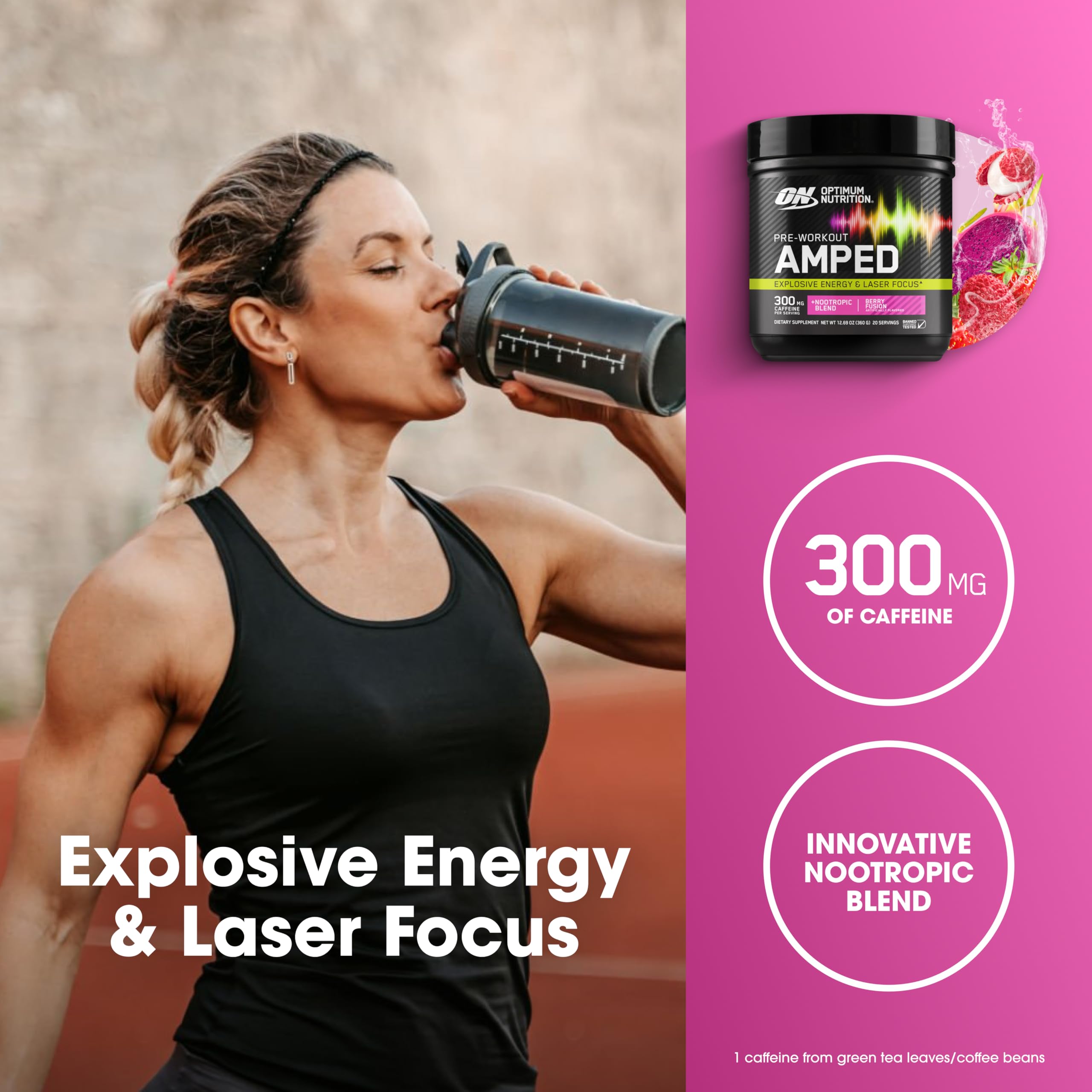 Etiqueta de Optimum Nutrition Amped mostrando ingredientes clave y dosis