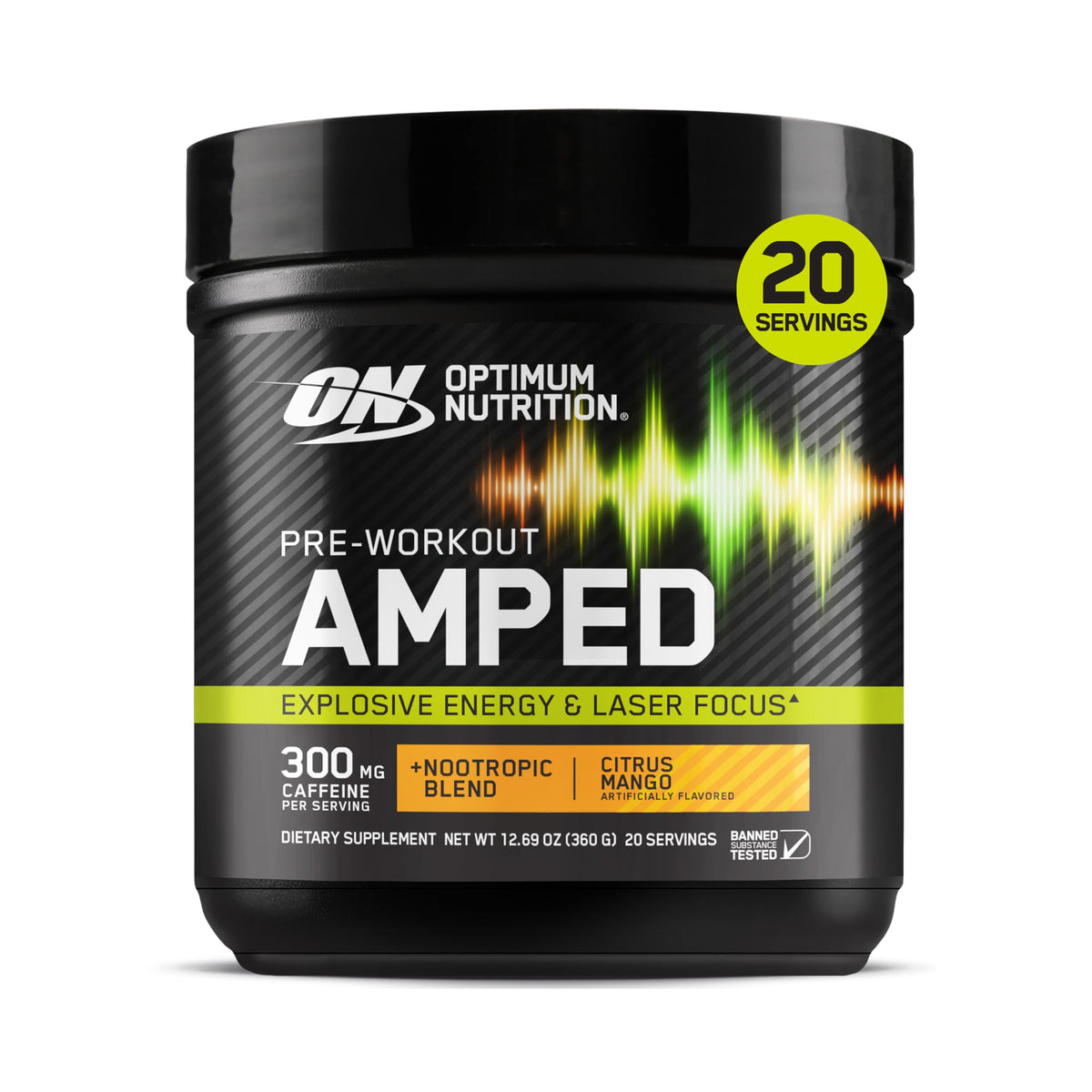 Optimum Nutrition envase frontal que muestra el diseño y la cantidad de servicios