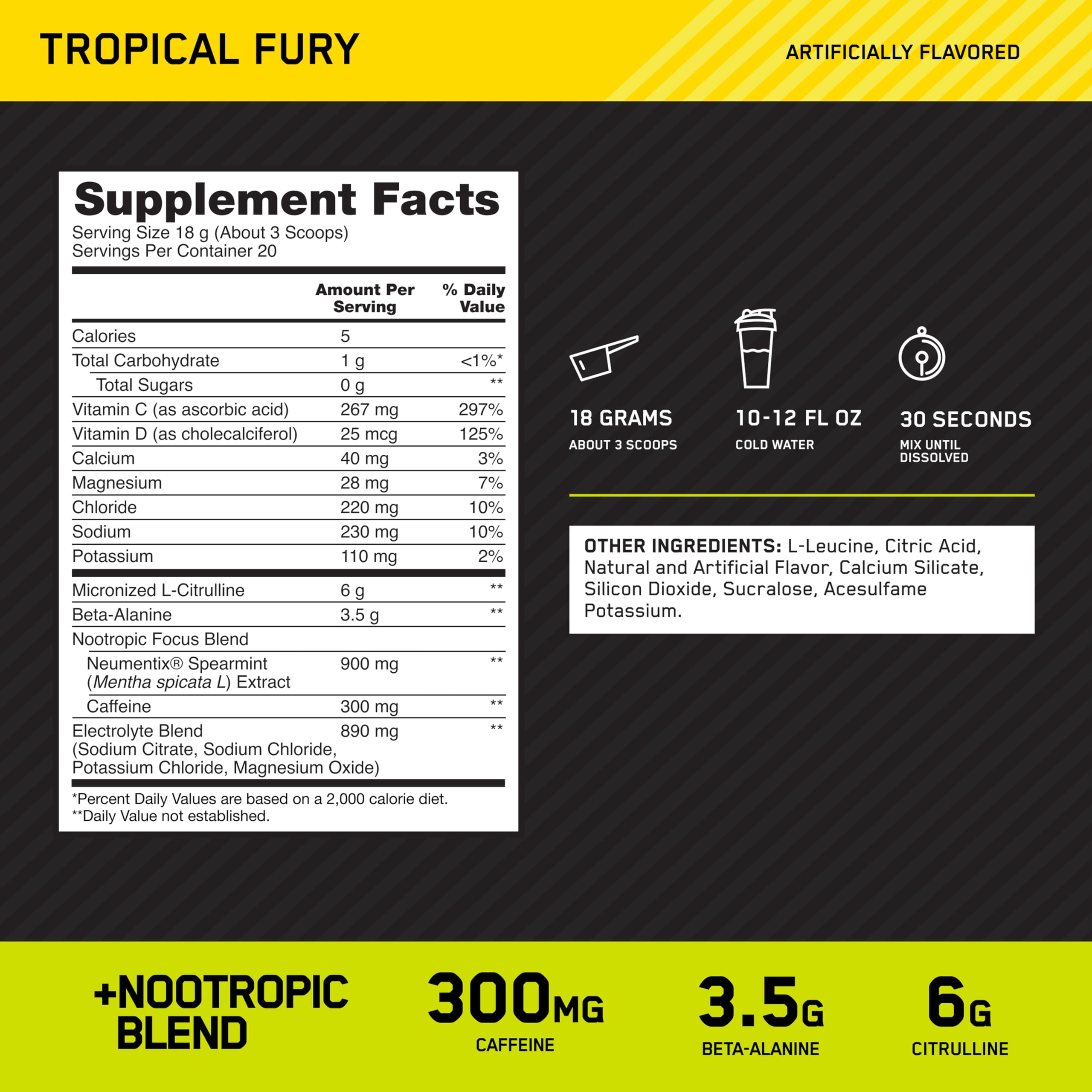 Optimum Nutrition vaso mezclado en agua, bebida lista para energía previa.