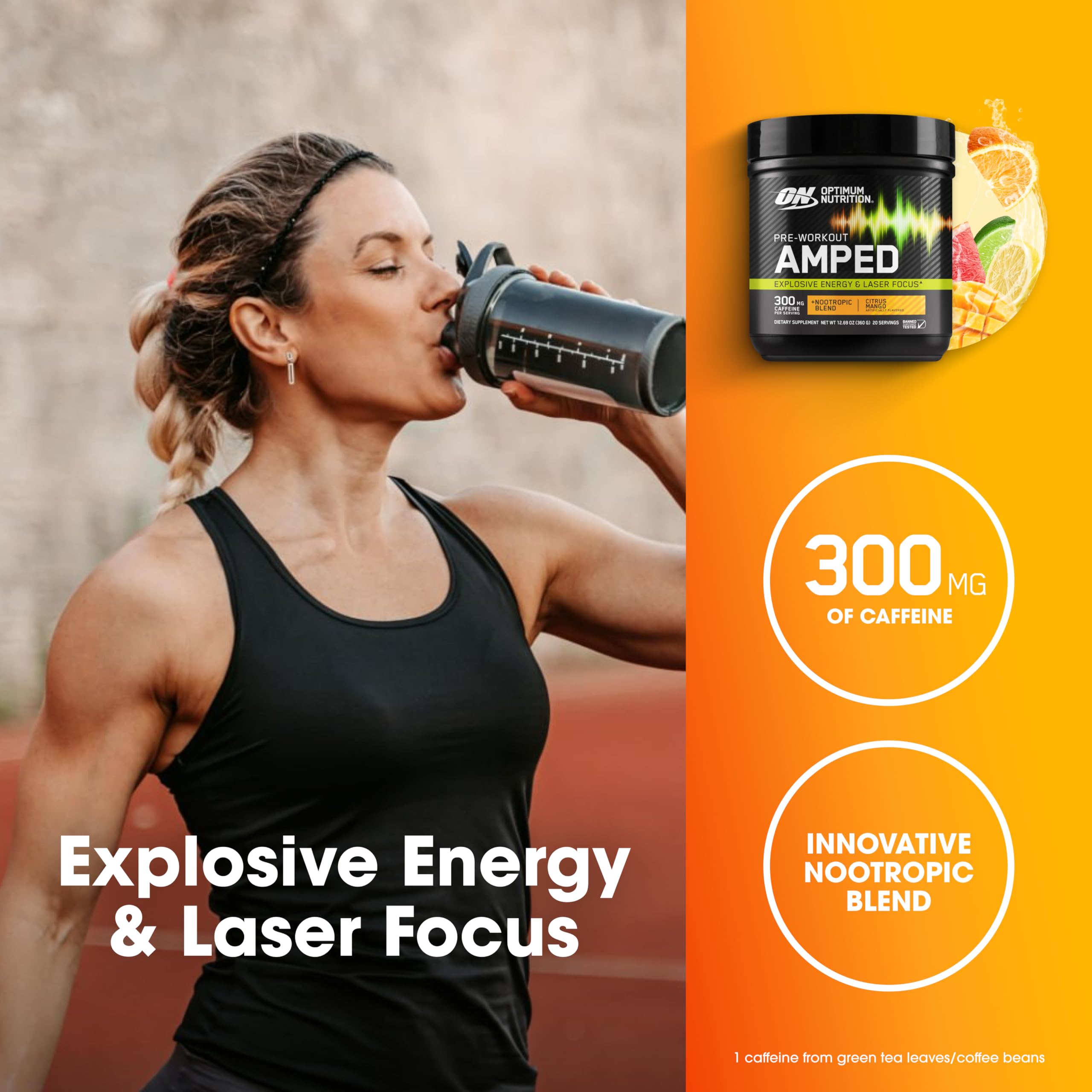 Vaso con bebida Citrus Mango Optimum Nutrition listo para consumir antes del entrenamiento